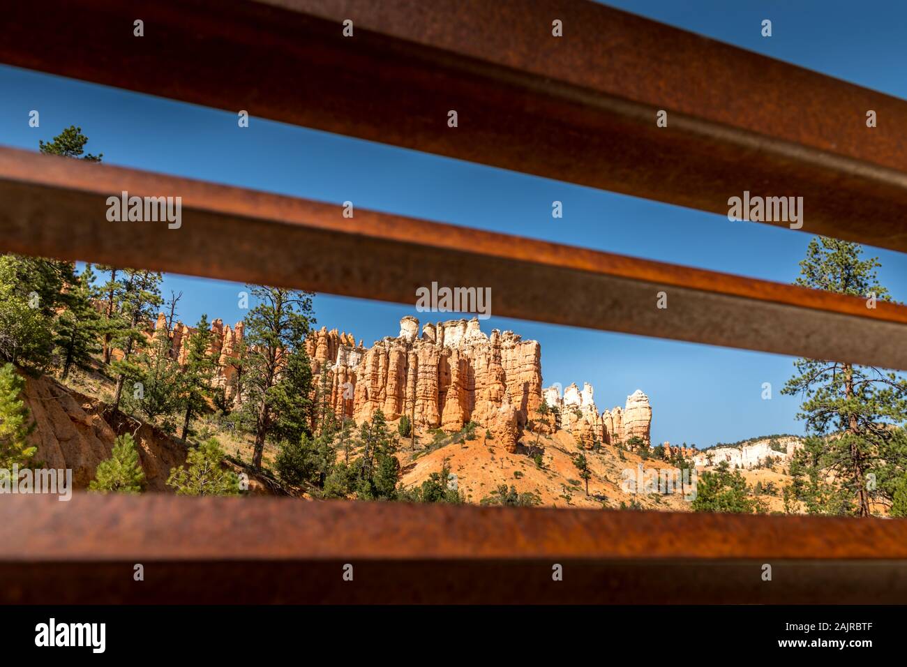 Voir à partir de la grotte moussue à travers une grille rouillée sur le Bryce Canyon Banque D'Images