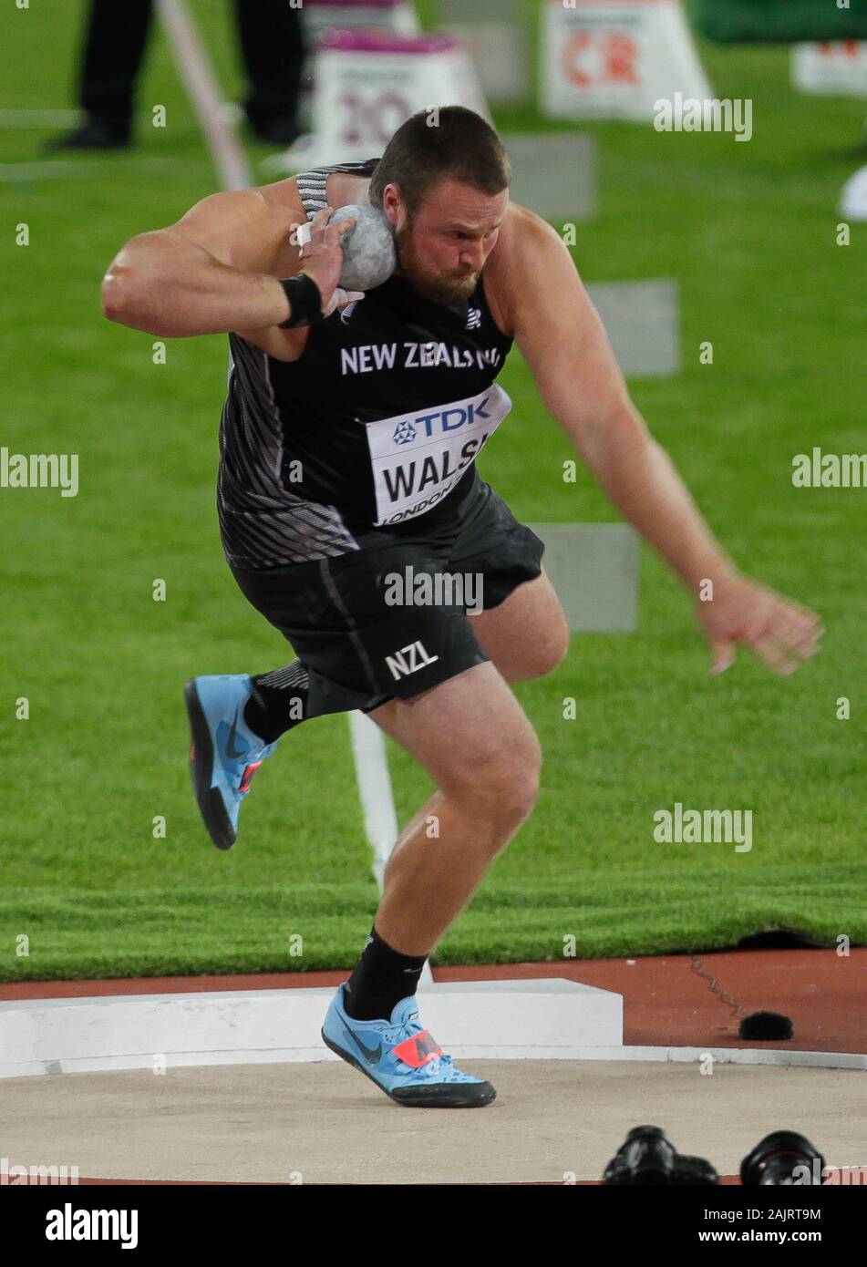 Tomas Walsh (Nouvelle Zélande) au cours de la tour de la finale hommes es Championnats du monde d'athlétisme le 6 août 201e au Stade olympique à Londres, Grande-Bretagne Banque D'Images