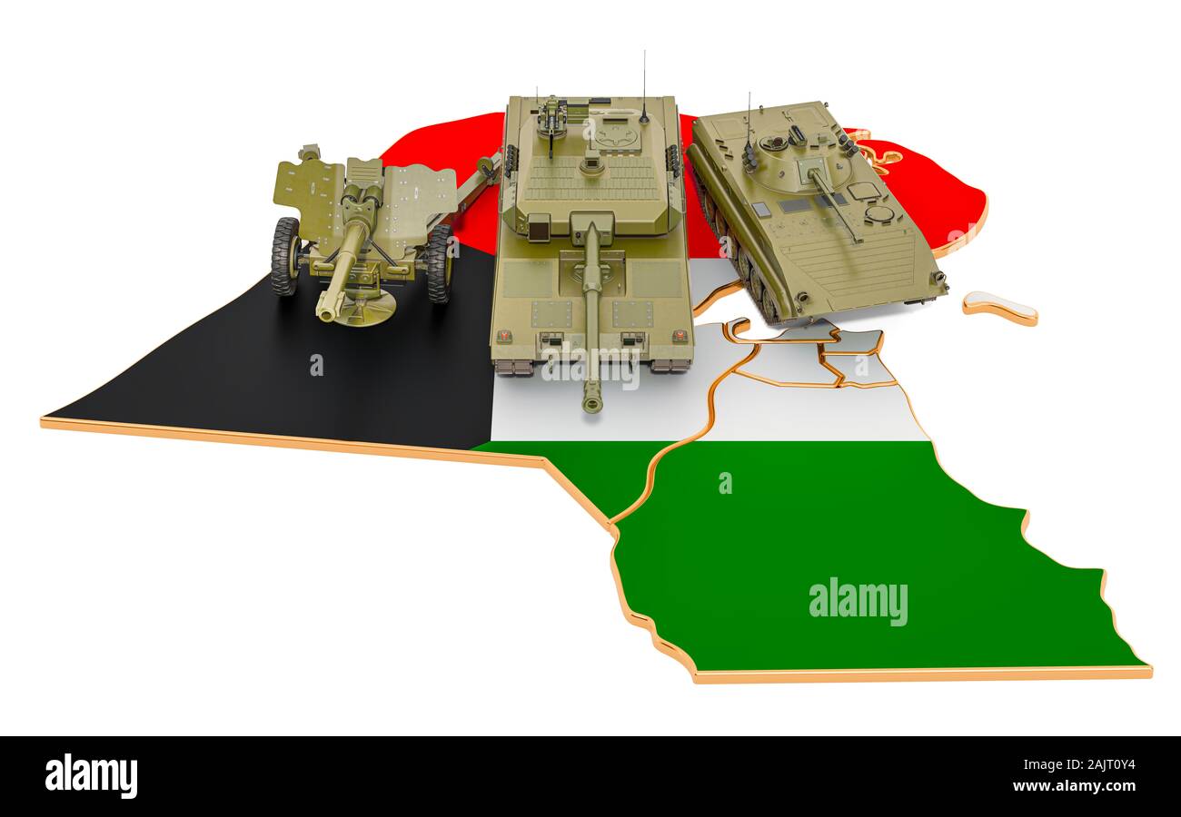 Les véhicules de combat sur le Koweït carte. La défense militaire du Koweït, rendu 3D concept isolé sur fond blanc Banque D'Images