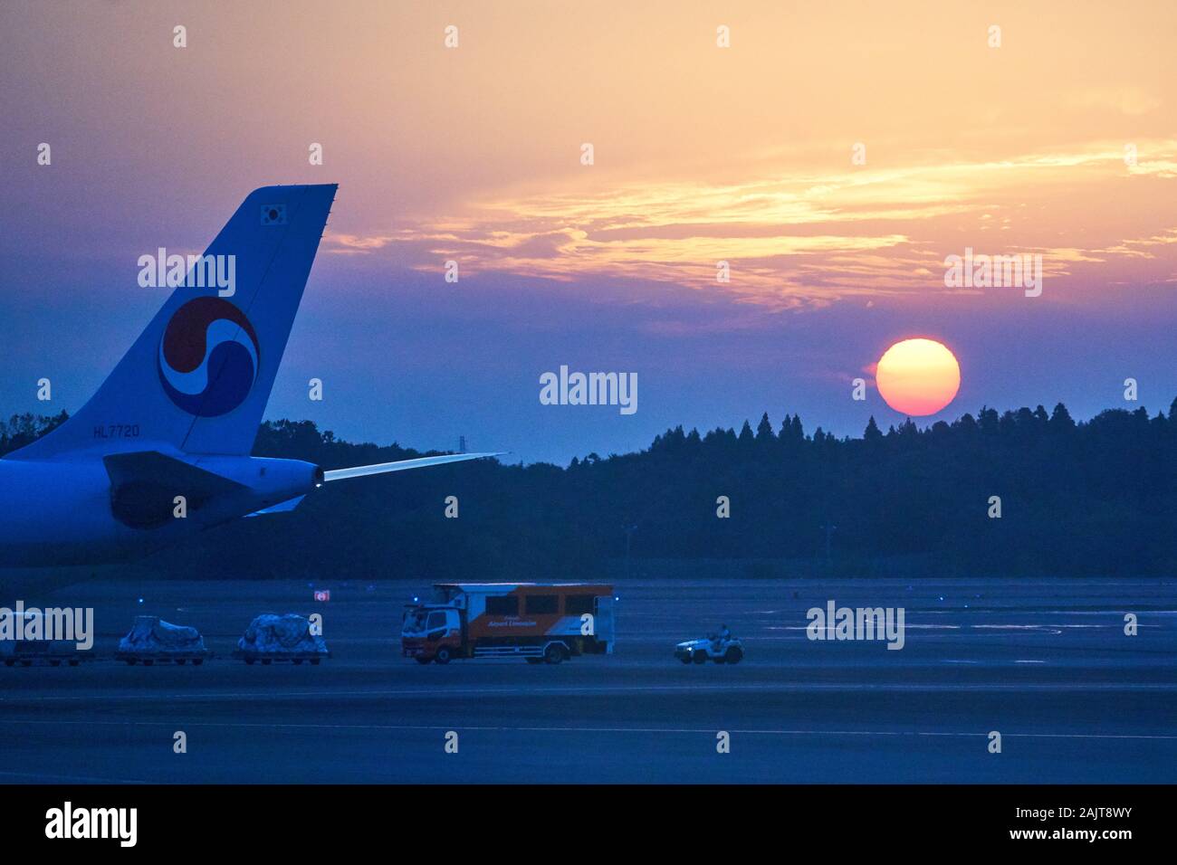 Les bagages d'un train et le camion sur l'aire d'entraînement derrière la queue d'un avion de Korean Air au coucher du soleil à l'Aéroport International de Narita (NRT), au Japon. Banque D'Images
