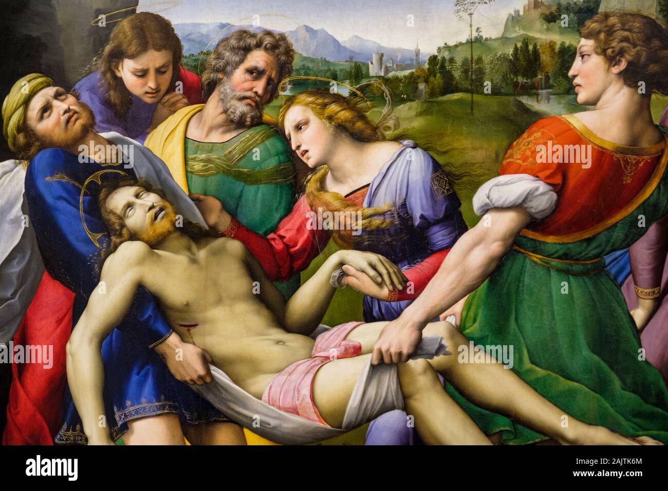 Art italien, détail de la déposition de la peinture du Christ Renaissance, par Raffaello Sanzio da Urbino, Raphaël, Galleria Borghese Museum, Rome, Italie Banque D'Images