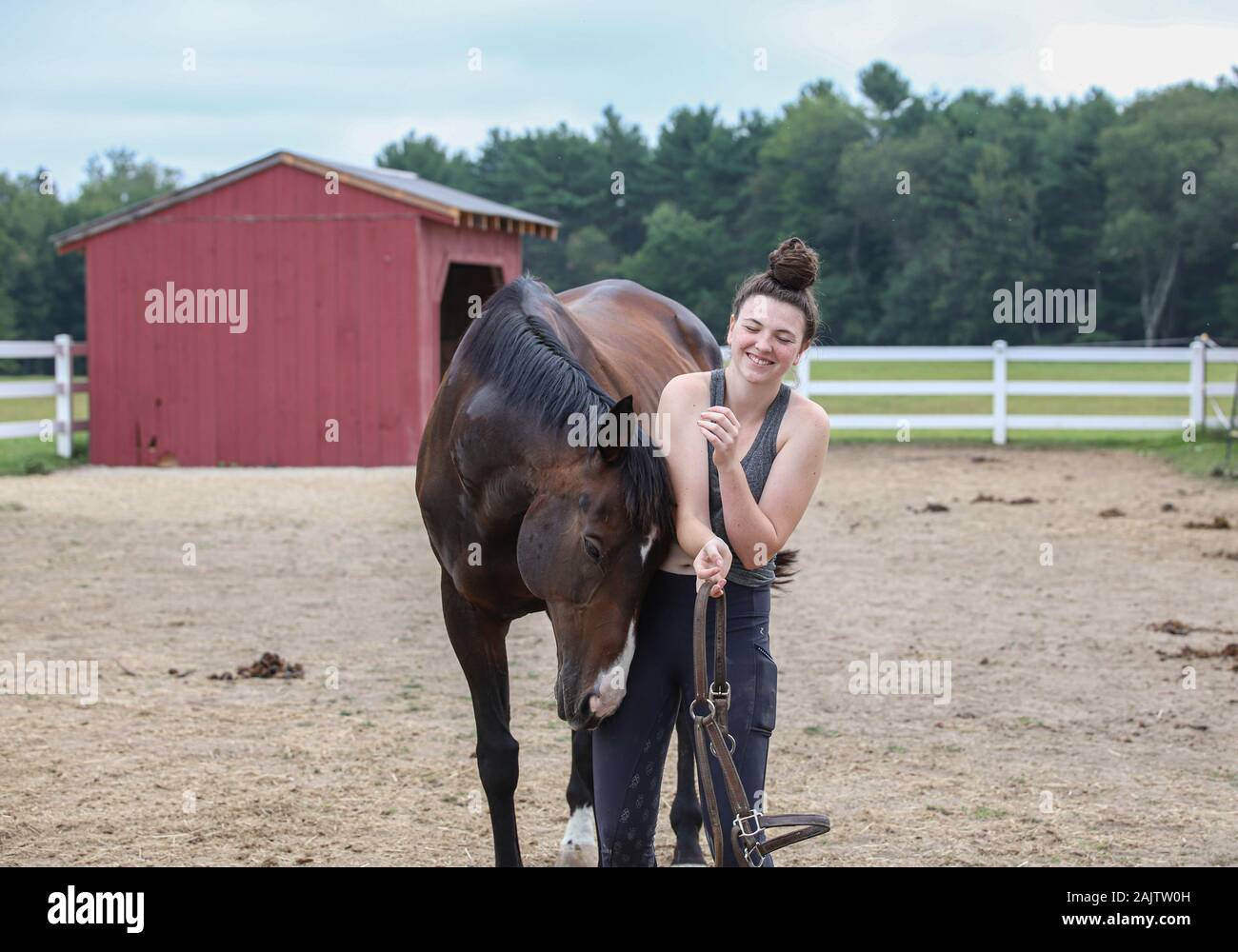 L'adolescente avec son cheval ludique Banque D'Images