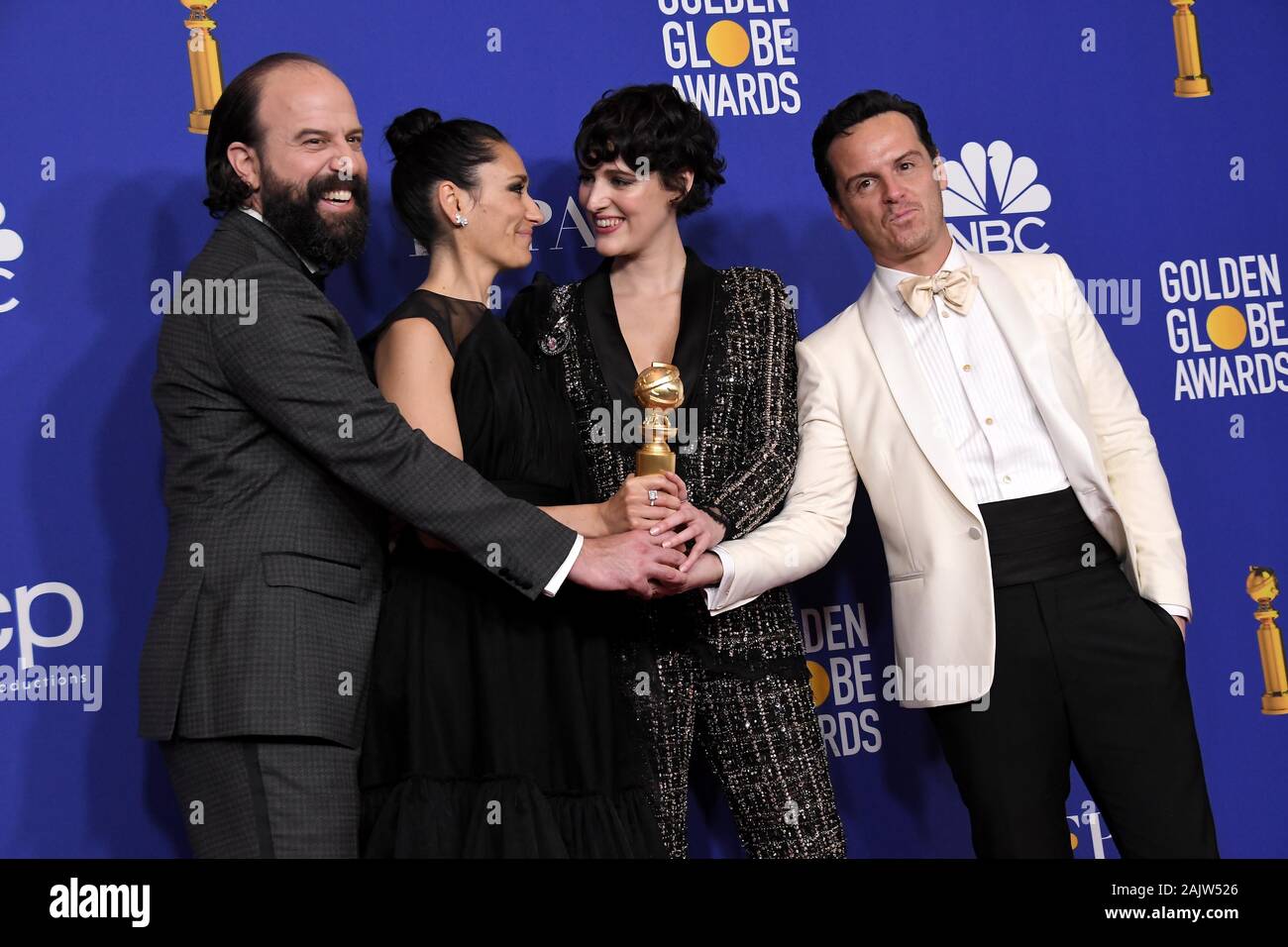 Los Angeles, Californie, USA. 05Th Jan, 2020. Les membres du cast de 'Fleabag' gagnants du Brett Gelman, Clifford, Phoebe Waller-Bridge Sian et Andrew Scott dans la salle de presse à la 77e Golden Globe Awards tenue à l'hôtel Beverly Hilton le 5 janvier 2020 à Beverly Hills, CA. (Photo par Sthanlee B. Mirador/Sipa USA) Crédit : Sipa USA/Alamy Live News Banque D'Images