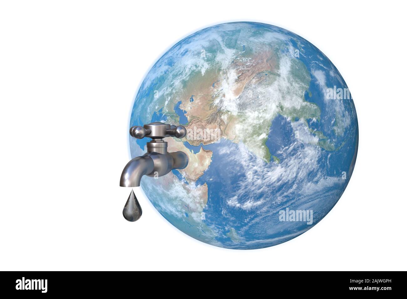 3d illustration : concept de l'environnement : un robinet en acier est relié à la planète Terre à la péninsule arabique. Une goutte d'huile s'écoule du robinet. Banque D'Images