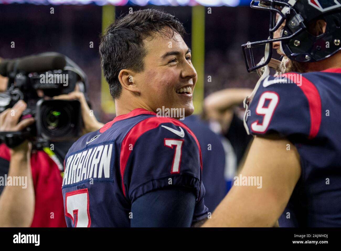 4 janvier 2020 : Houston Texans kicker Ka'imi Fairbairn (7) sourire après un match de football américain NFL entre les Bills de Buffalo et le Houston Texans à NRG Stadium à Houston, TX. Les Texans ont remporté 22 à 19 en prolongation...Trask Smith/CSM Banque D'Images