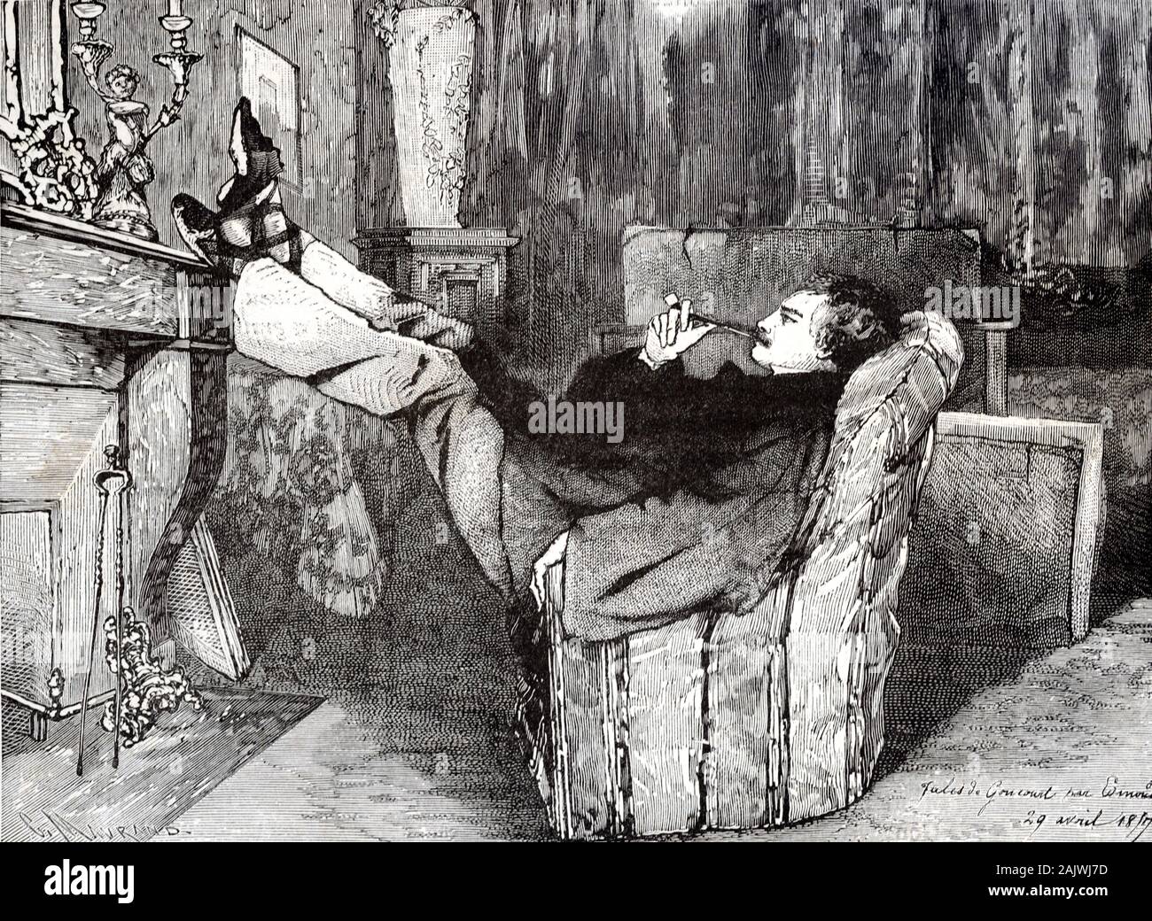 Croquis ou dessin de Jules de Goncourt () détient cependant par Edmond de Goncourt (1822-1896) Fumeurs Pipe & Relaxing in Living Room (signé le 29 avril 1857). Les frères Goncourt ont été leader français de critiques littéraires, les auteurs et les éditeurs. Banque D'Images