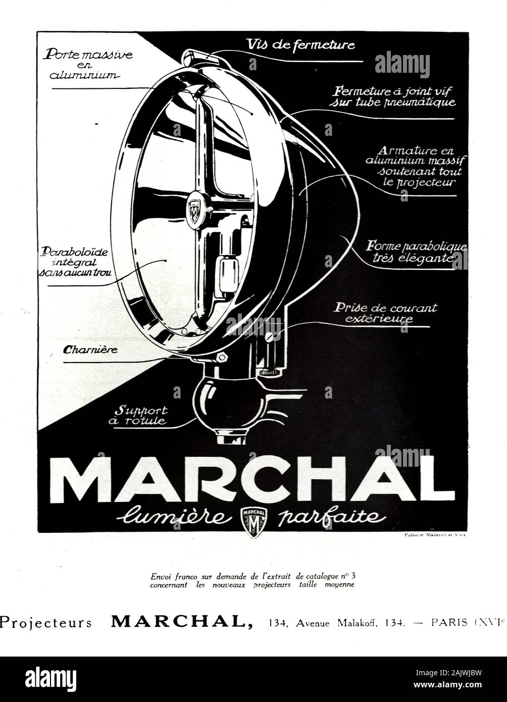 Vieille annonce ou publicité pour Vintage Marchal phares projecteurs de véhicules 1926 ou Banque D'Images