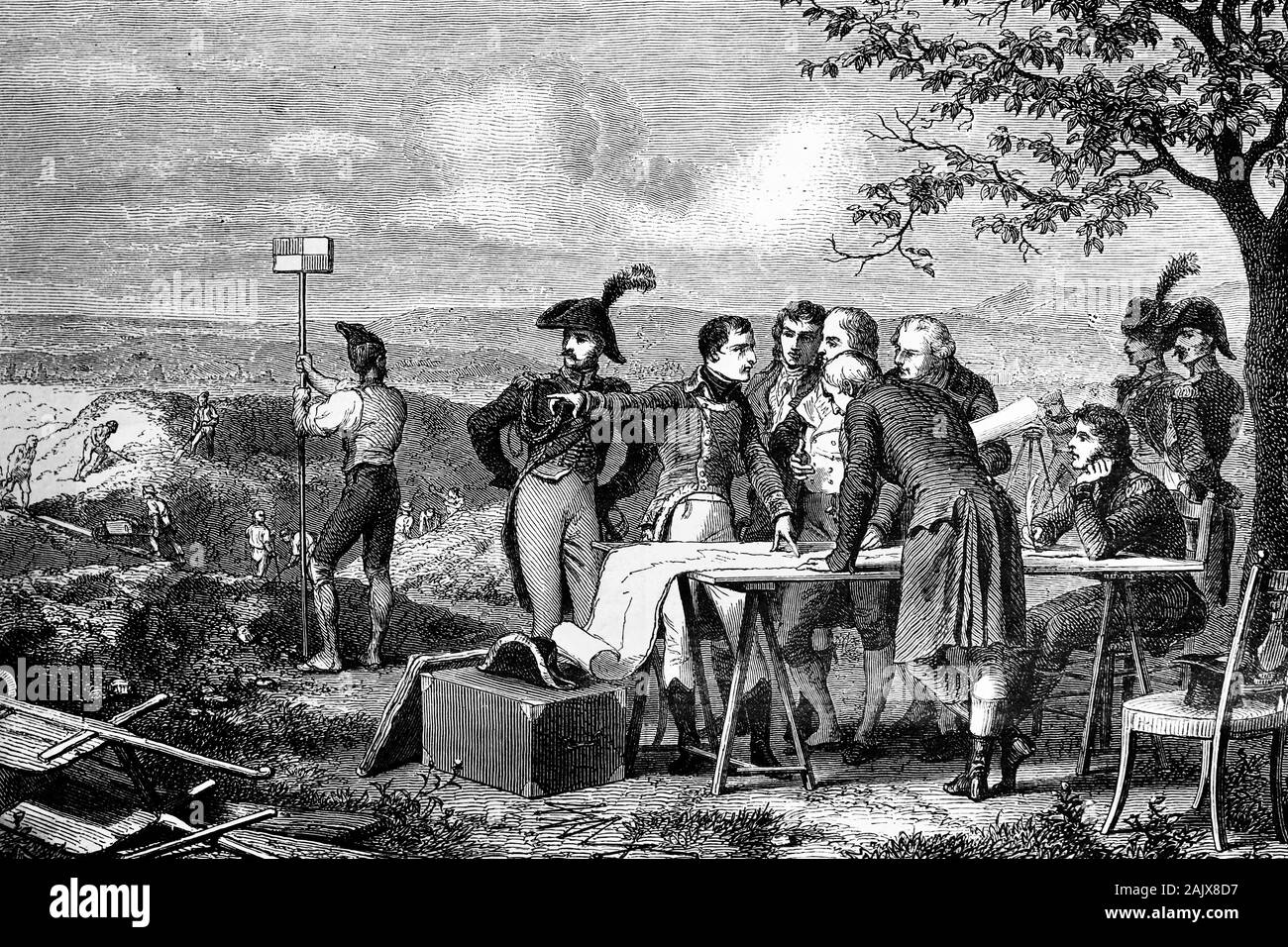 Napoléon Bonaparte indiquant le plan pour la coupe du Canal de Saint-Quentin. 1801. Illustration d'antiquités. 1890. Banque D'Images