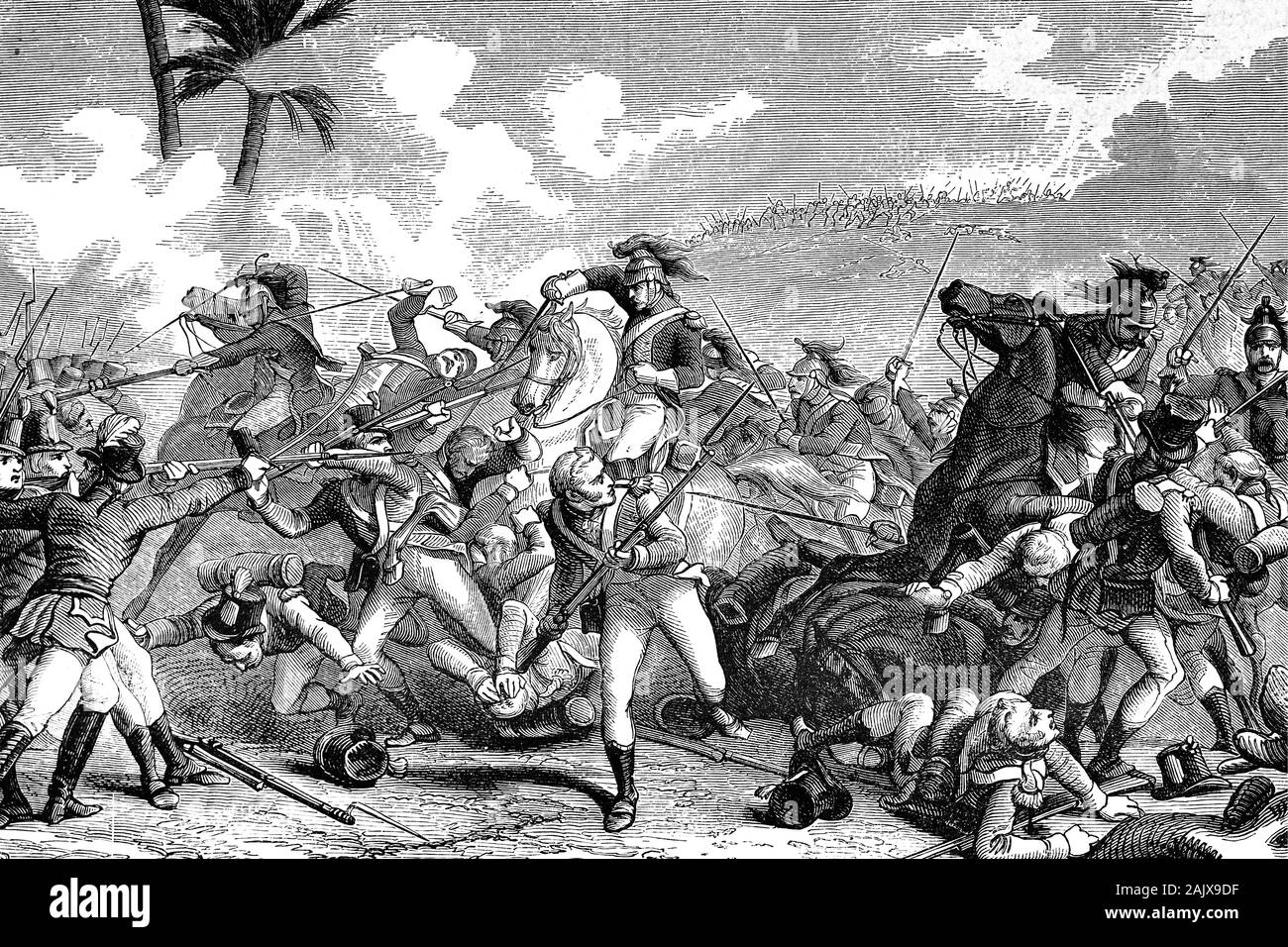Charge de cavalerie sur les plages de la bataille d'Alexandrie ou bataille de Canope, 21 mars 1801. Illustration d'antiquités. 1890. Banque D'Images