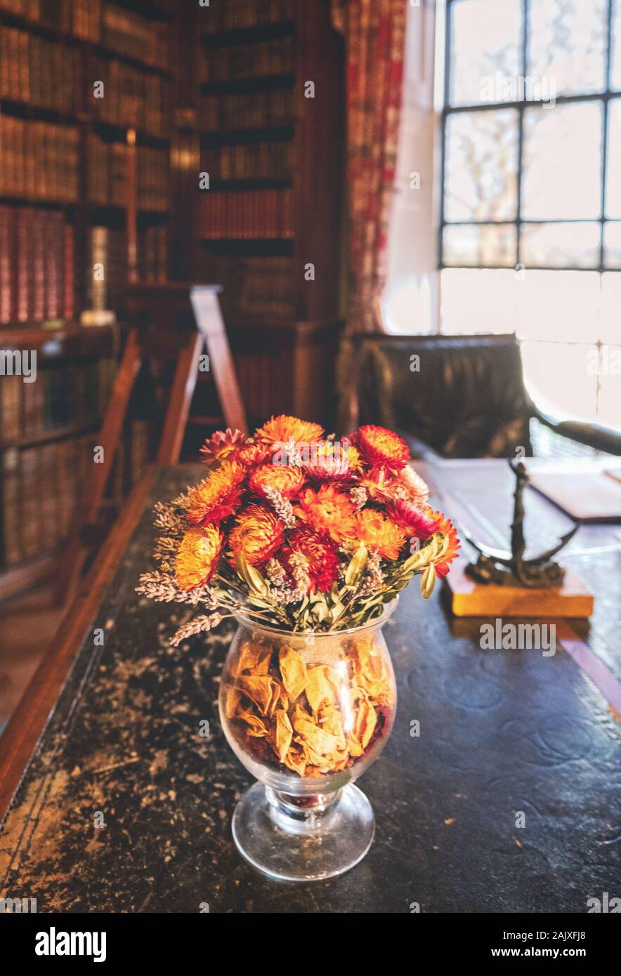 Vase de fleurs séchées sur un bureau dans la bibliothèque du manoir de Hughendon Banque D'Images