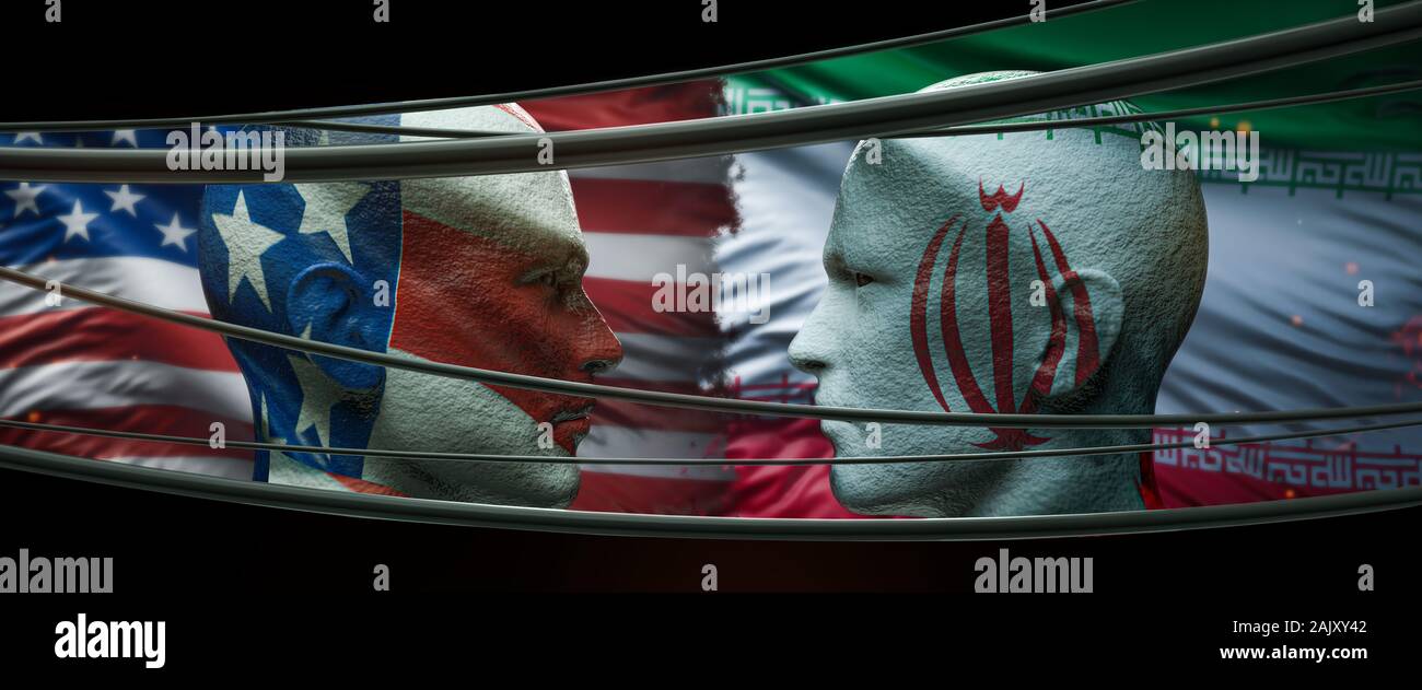 Il est en train de regarder une personne avec le drapeau iranien, et à la recherche à une personne avec le drapeau des Etats-Unis. L'Iran et l'Amérique latine des problèmes politiques. Le Rendu 3D 3 Banque D'Images