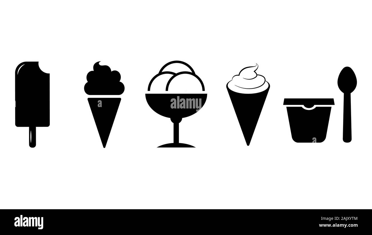 Jeu de ice cream silhouette, télévision icon noir sur fond blanc. Illustration de Vecteur