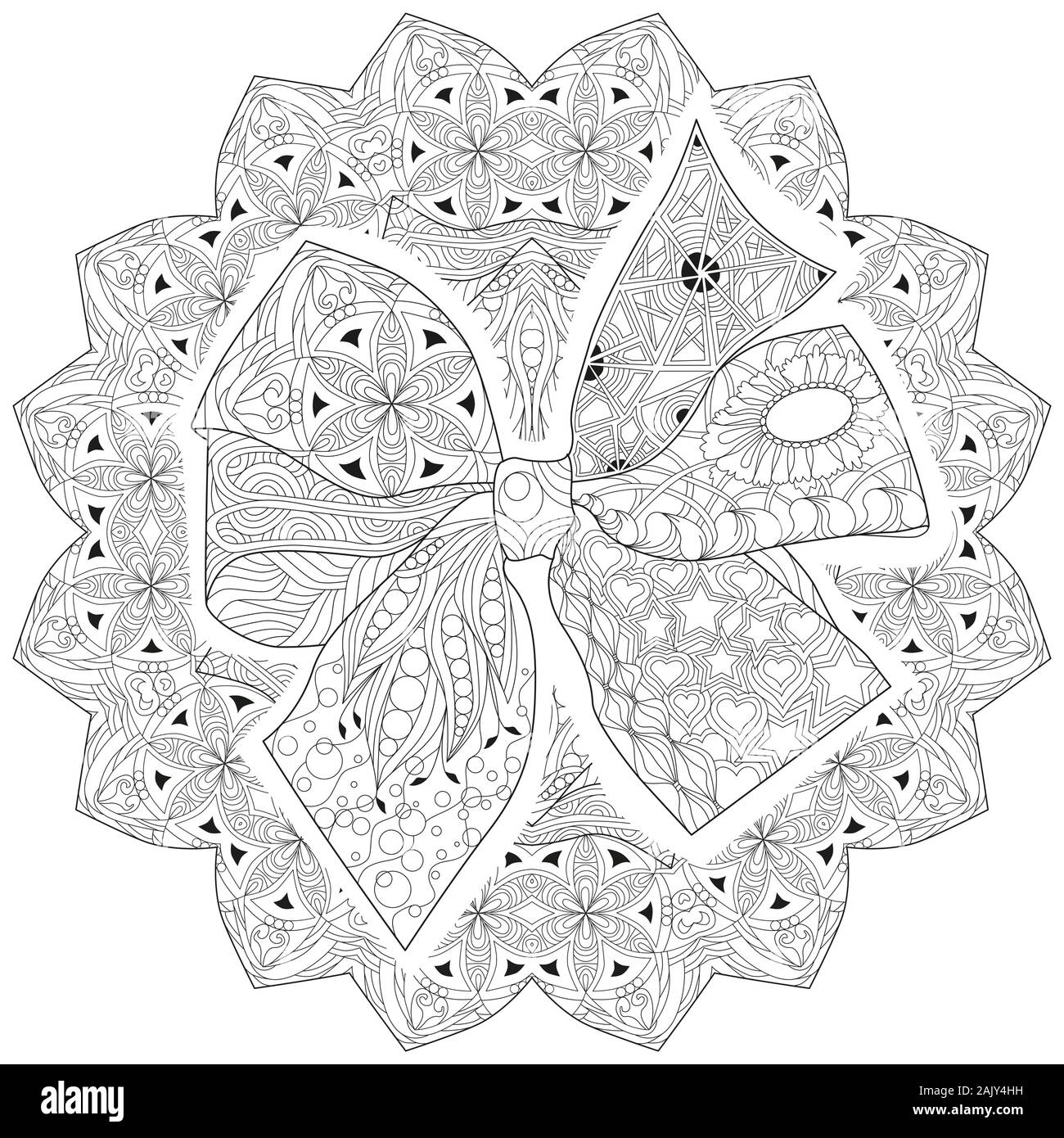 Zentangle-knot bow stylisé sur un substrat ronde à motifs Illustration de Vecteur