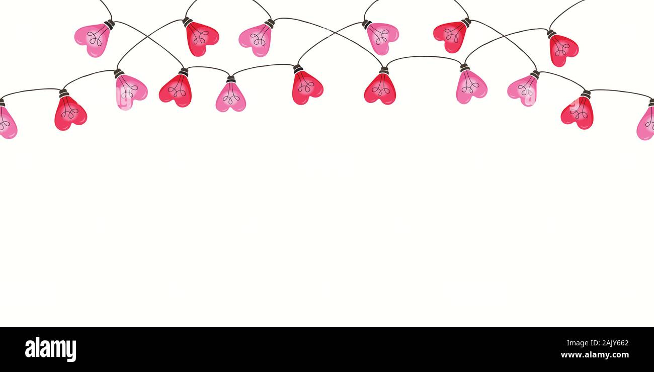 Maison de vacances Saint Valentin coeur forme String Lights isolé sur fond blanc sans frontière vecteur horizontal. Cute Girly décoratif Amour E Illustration de Vecteur