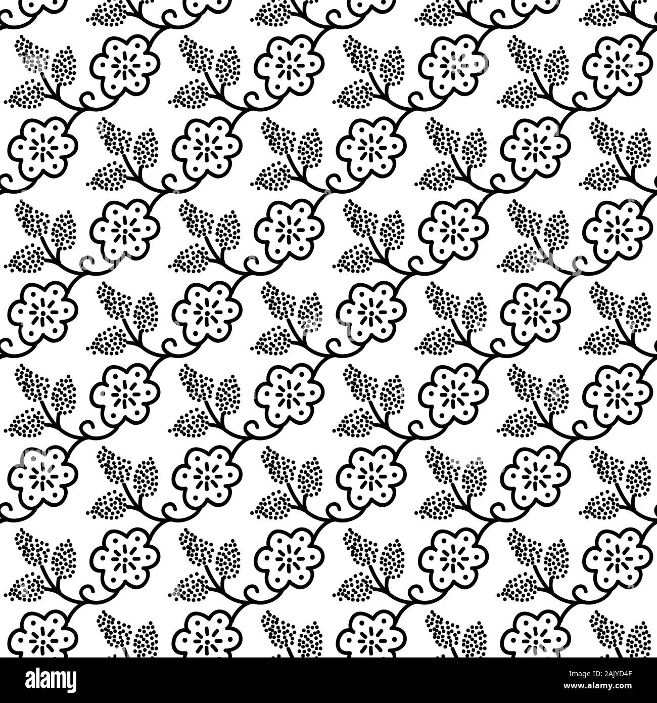 Sur bois Transparent monochrome imprimé motif floral. Ornement en pointillés ethniques traditionnels de la Russie avec les fleurs et les raisins, noir sur fond blanc Illustration de Vecteur
