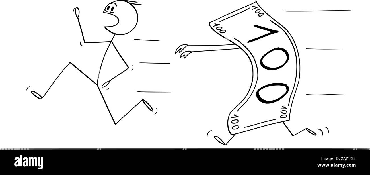 Vector cartoon stick figure dessin illustration conceptuelle de l'homme ou homme en fuite poursuivi par le projet de loi de l'argent ou un billet de banque. Concept de la consommation, de l'avidité ou problème d'ordre financier ou de la dette. Illustration de Vecteur