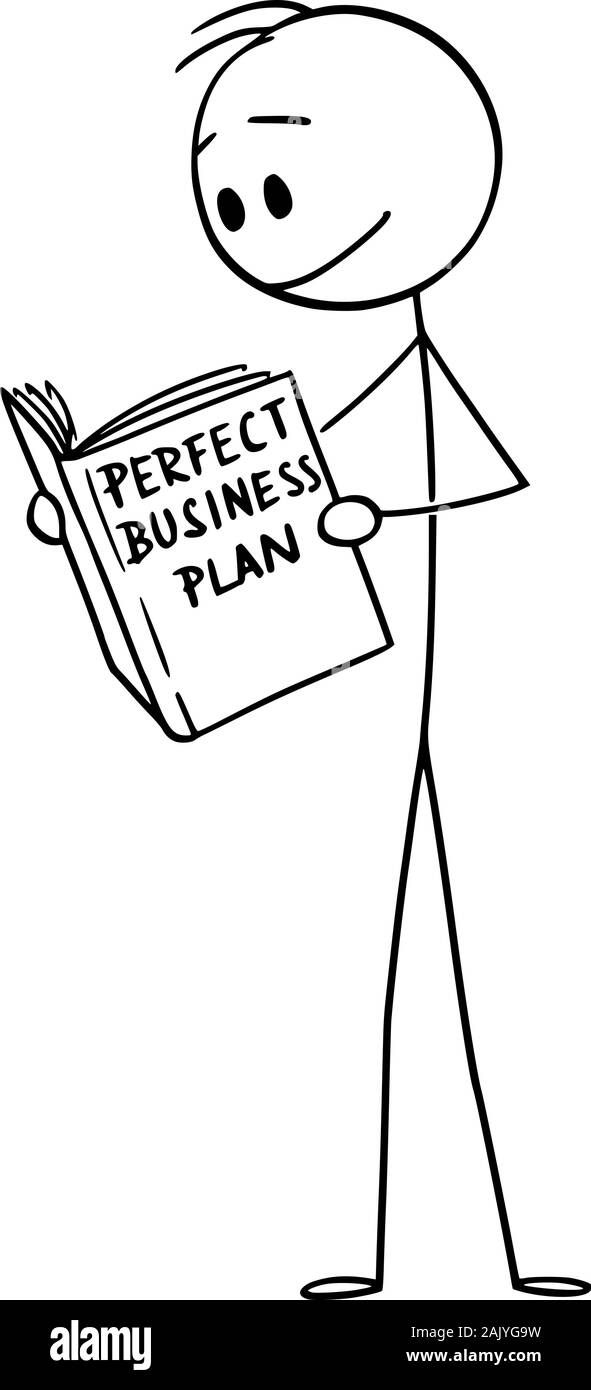 Vector cartoon stick figure dessin illustration conceptuelle de l'homme d'affaires ou entrepreneur lecture livre sur la façon de créer un plan d'affaires. Illustration de Vecteur