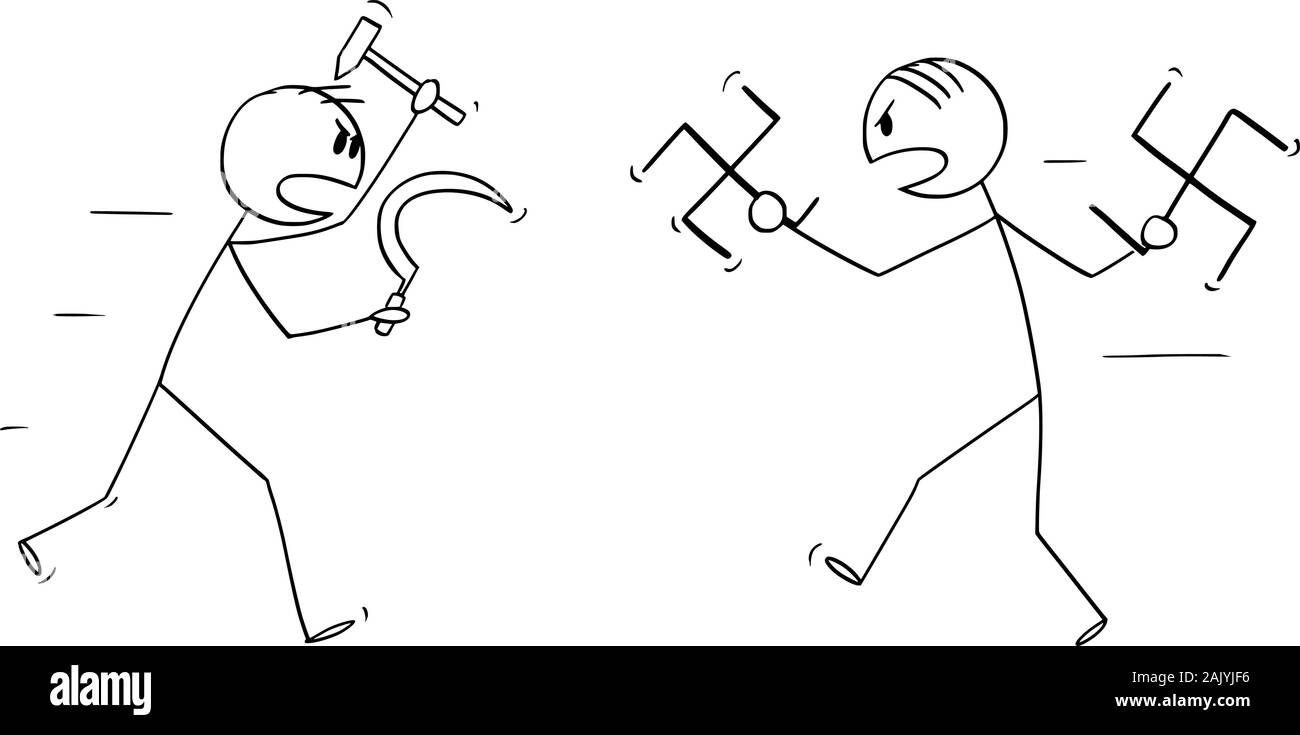 Vector cartoon stick figure dessin illustration conceptuelle de bataille ou de lutte entre l'idéologie communiste et nazi ou le nazisme et le communisme. Deux hommes avec faucille et marteau et swastika comme armes. Illustration de Vecteur