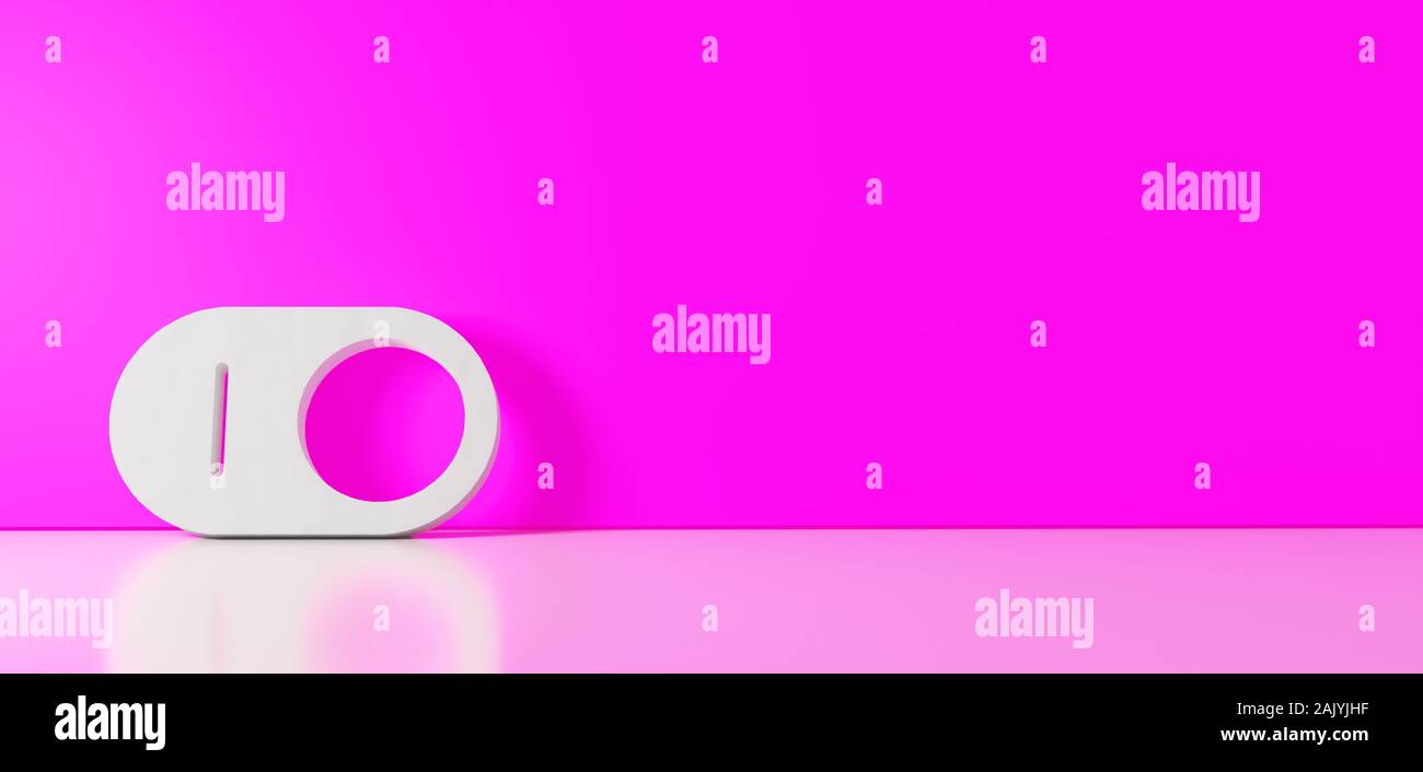 Le rendu 3D de blanc symbole de bouton de l'interrupteur s'appuyant sur l'icône sur le mur couleur avec réflexion floue avec l'espace vide sur le côté droit Banque D'Images