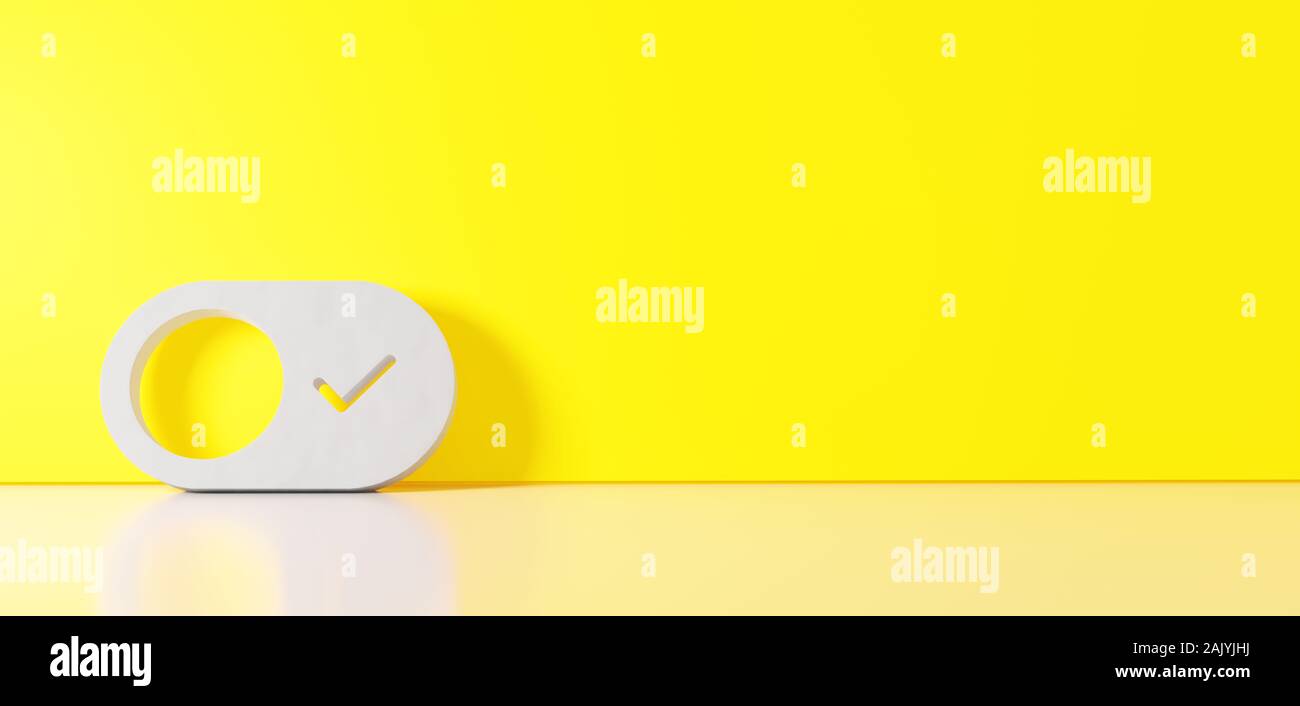 Le rendu 3D de blanc symbole de bouton de l'interrupteur à l'icône de validation s'appuyant sur le mur couleur avec réflexion floue avec l'espace vide à droite tr Banque D'Images