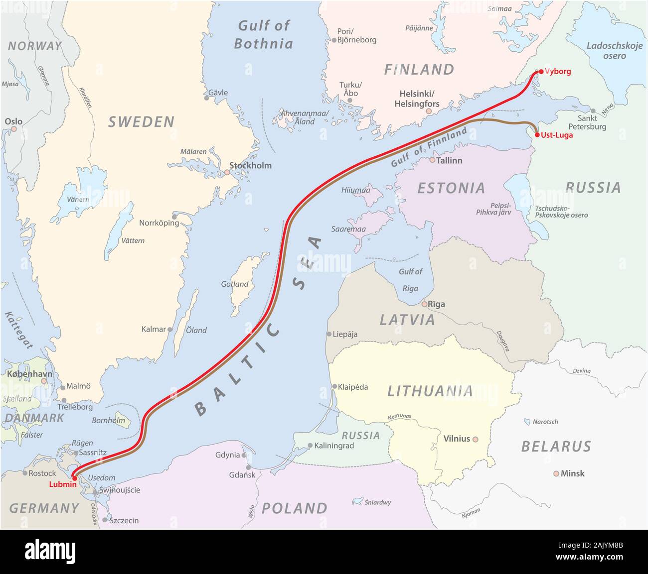 Carte de la mer Baltique gazoduc entre la Russie et l'Allemagne Illustration de Vecteur