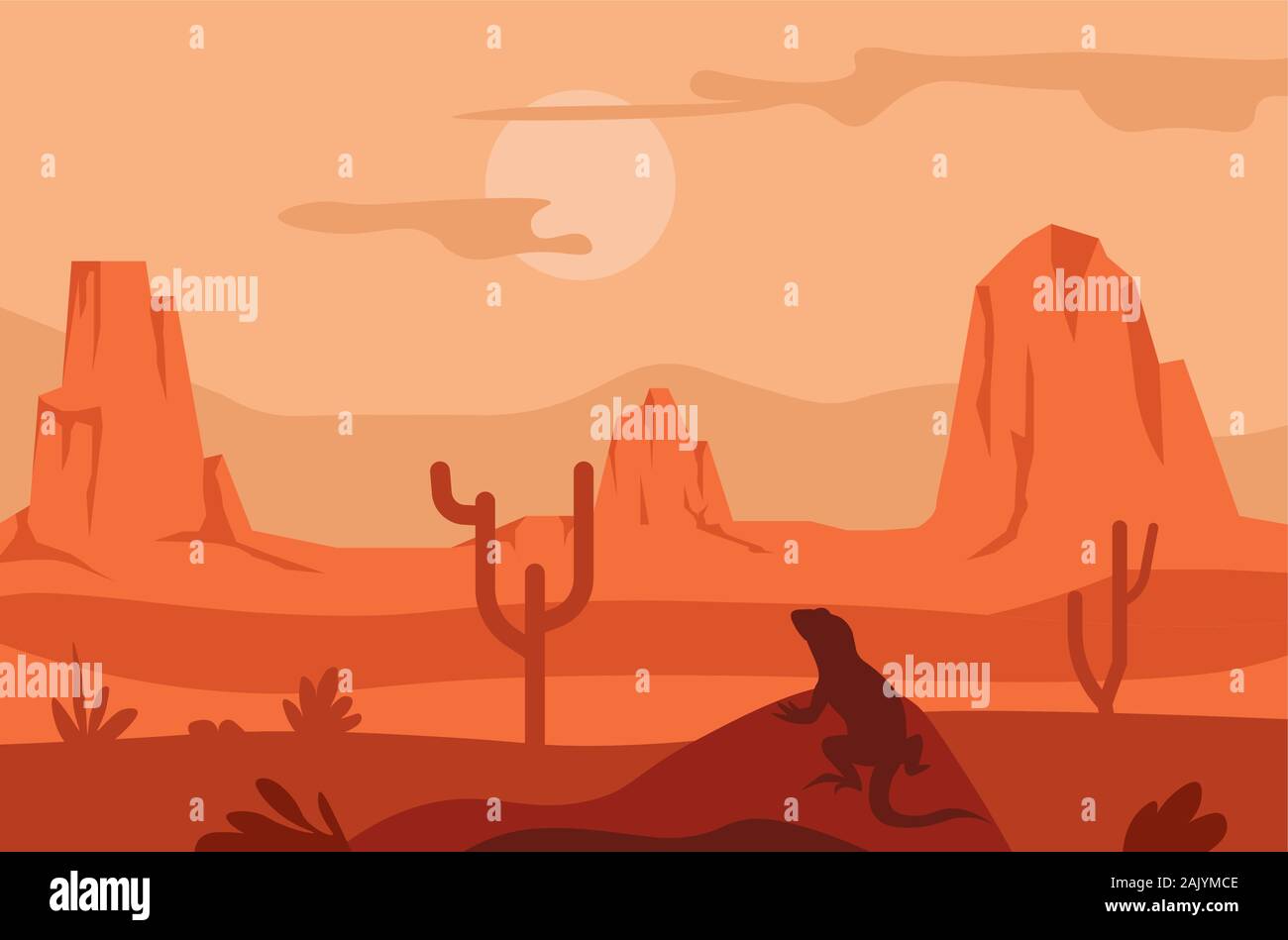 Lever du soleil dans le désert, cactus et silhouette de lézard, paysage du Texas Illustration de Vecteur