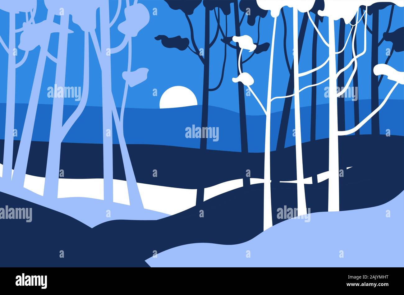 Paysage de nuit de forêt, arbres de jungle et humeur derrière les montagnes Illustration de Vecteur