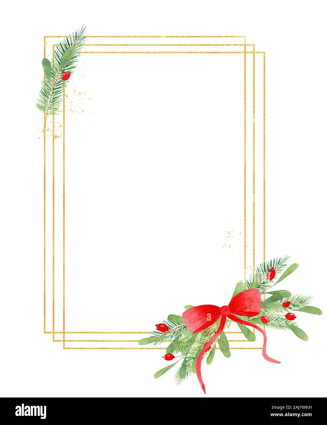 Cadre rectangulaire Noël illustration aquarelle dessiné à la main. Frontière avec la décoration de fête botanique éléments. X-mas la composition avec ilex, Holly, Banque D'Images