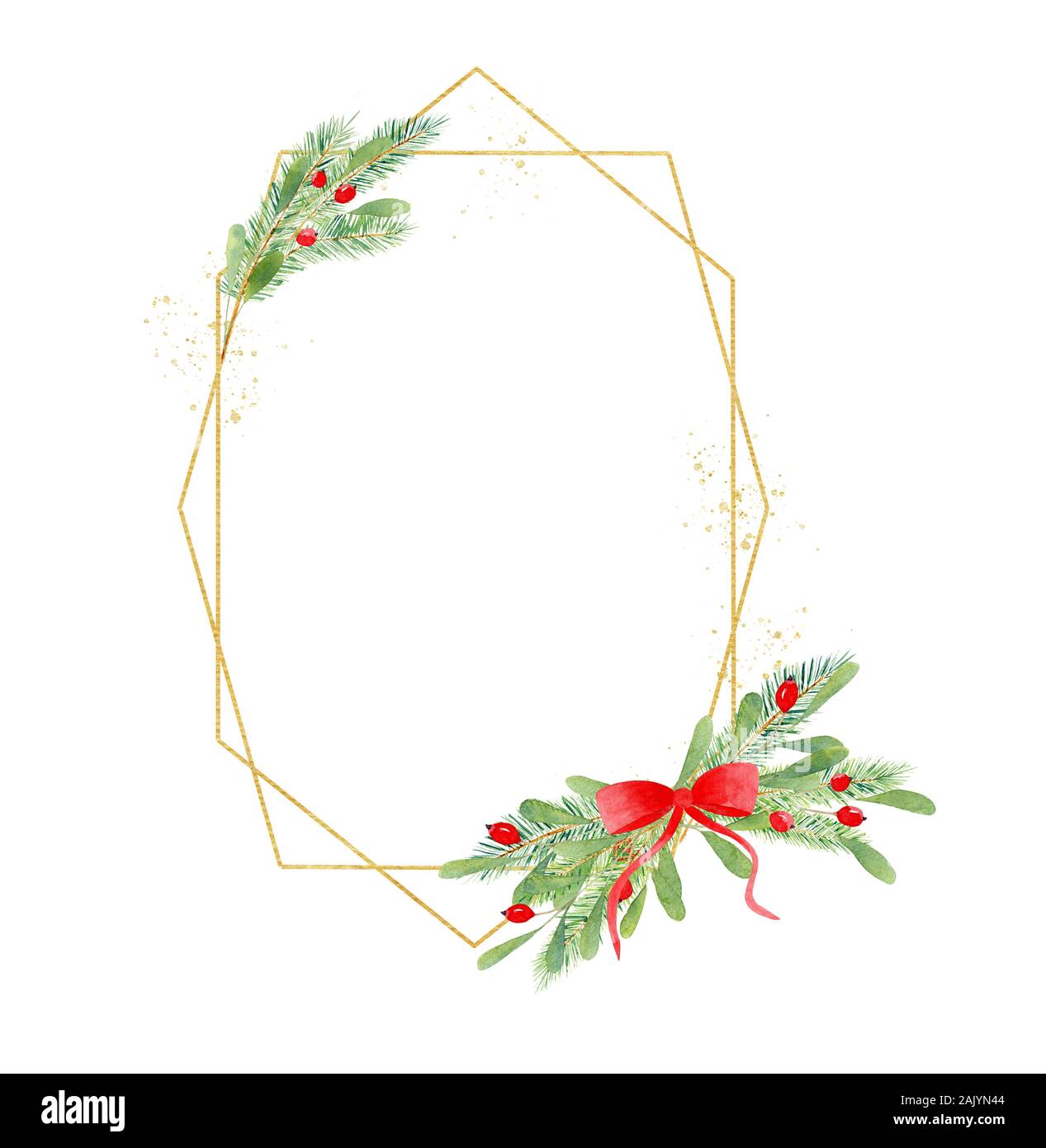 Cadre de noël avec polygonale de fête décorations botanique. Golden multangular frontière avec composition florale avec avec ilex, fruits rouges,gui Banque D'Images