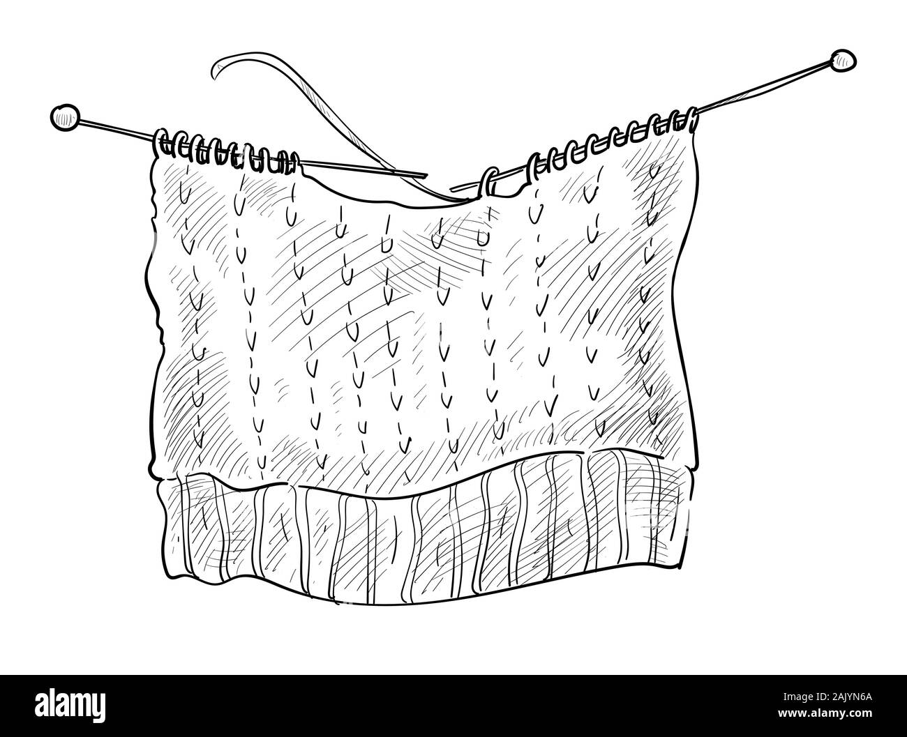 Fils et aiguilles de laine isolés croquis, tricotage passe-temps Illustration de Vecteur