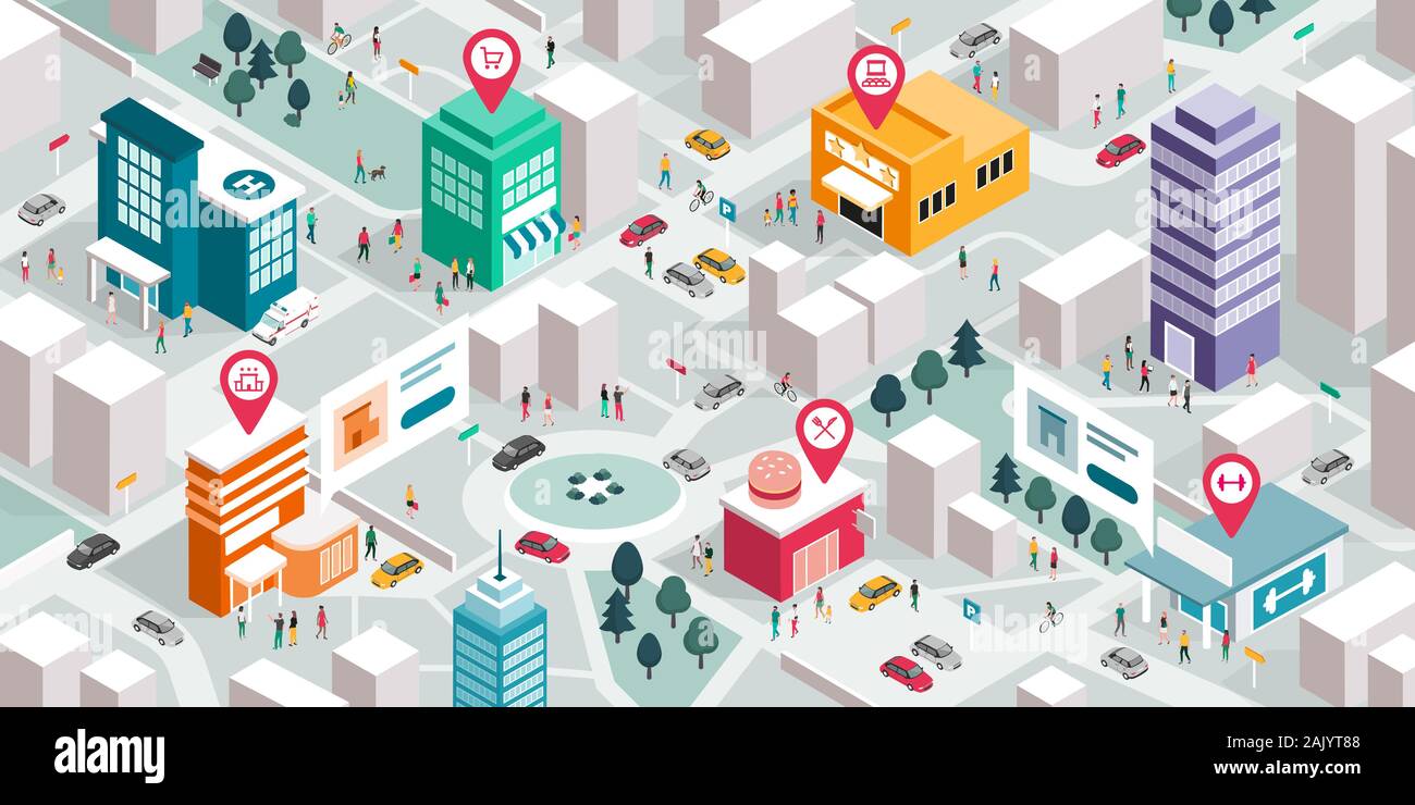 Plan de ville isométrique avec les personnes, les bâtiments et l'axe de communication : promouvoir votre entreprise locale et concept de navigation GPS Illustration de Vecteur