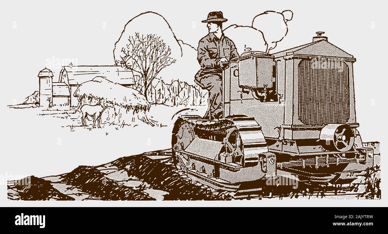 Agriculteur historique assis sur un tracteur à chenilles en face de sa ferme. Illustration après une gravure du début du xxe siècle Illustration de Vecteur