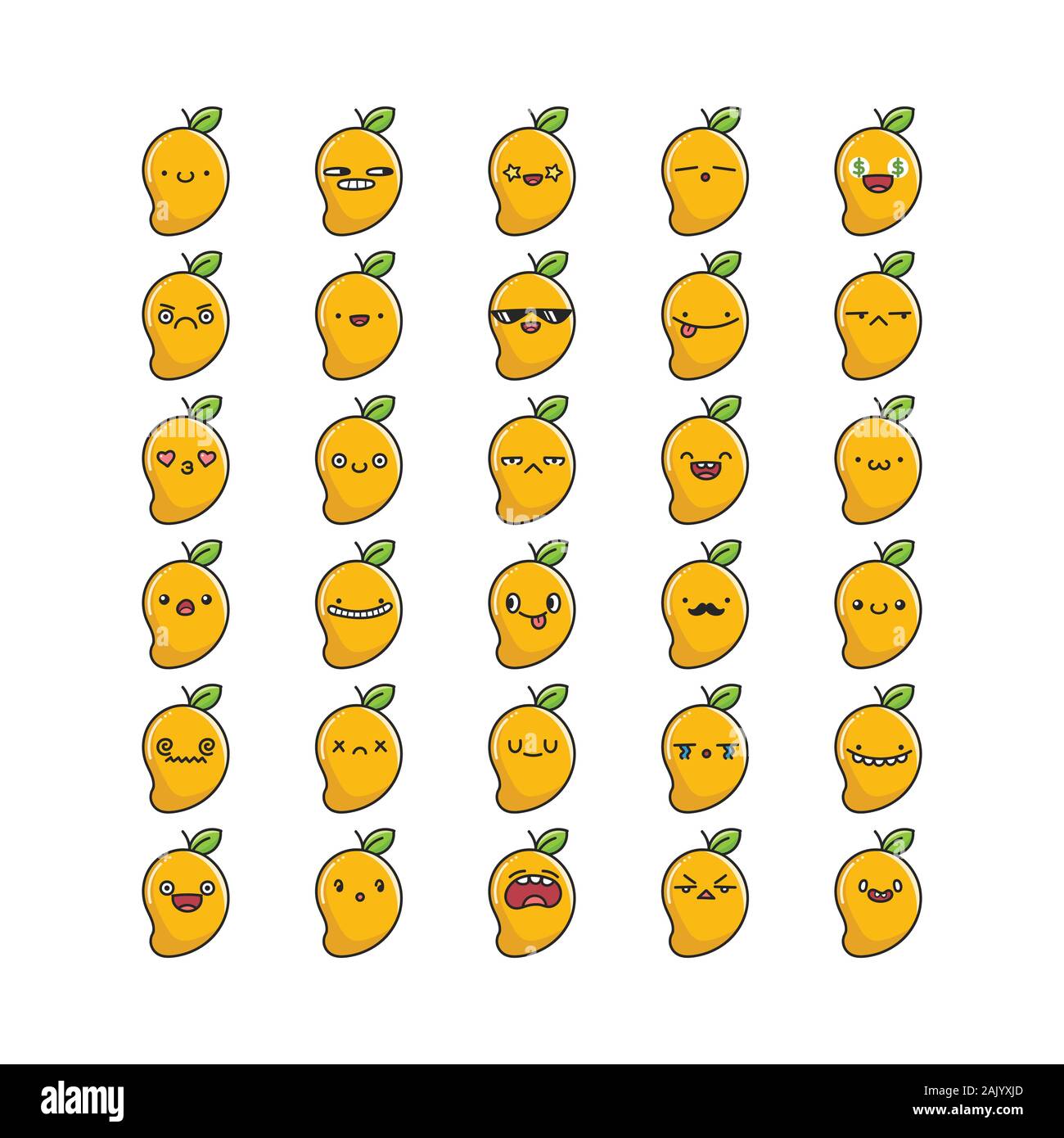Collection de dessins animés émoticônes mangue kawaii isolated on white Illustration de Vecteur