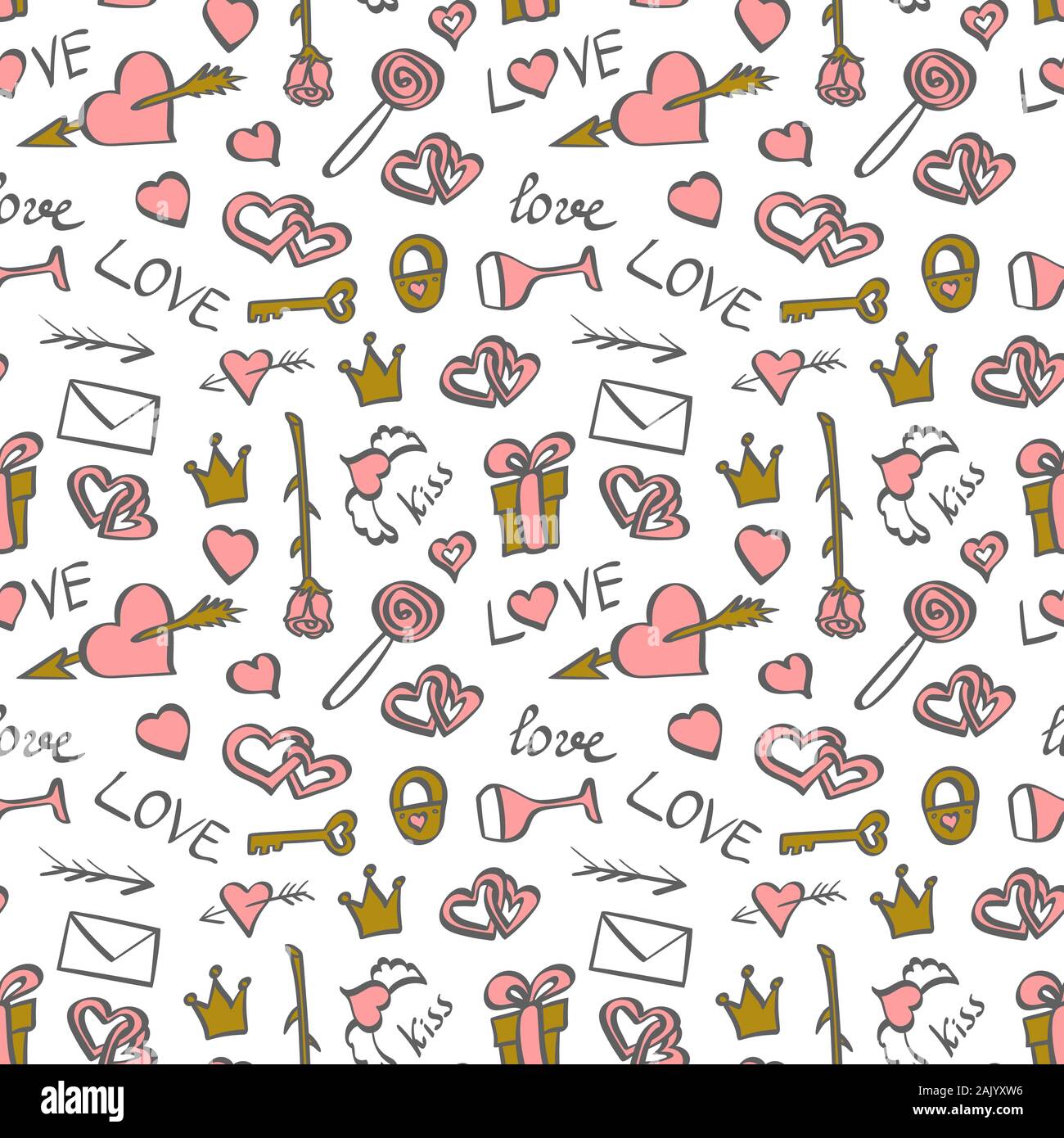 Modèle sans couture avec éléments Valentines Day. Contour gris des objets tracés à main levée avec détails rose et or sur fond blanc. Vector illustration. Illustration de Vecteur