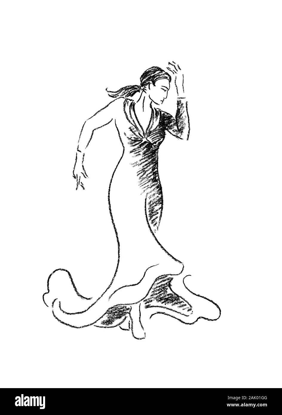 Danseuse de flamenco espagnol portrait au fusain dessiné à la main. Série des danseurs. Grand comme l'art de mur, décoration, illustration de voyage. Banque D'Images