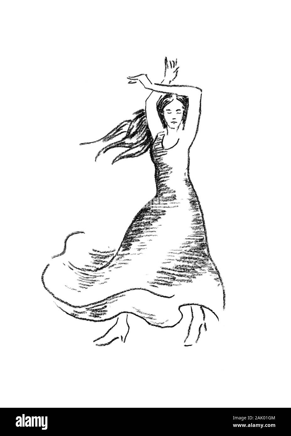 Style de danse flamenco Corrida espagnole interprète hand drawn portrait au fusain. Série des danseurs. Grand comme l'art de mur, décoration, illustration de voyage. Banque D'Images