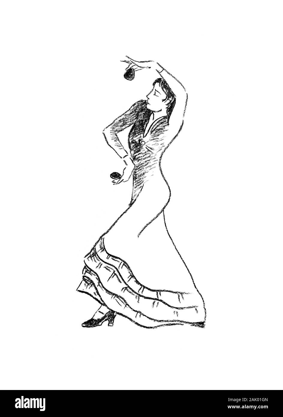 Interprète de danse flamenco espagnol avec les castagnettes hand drawn portrait au fusain. Série des danseurs. Grand comme l'art de mur, décoration, illustration de voyage. Banque D'Images