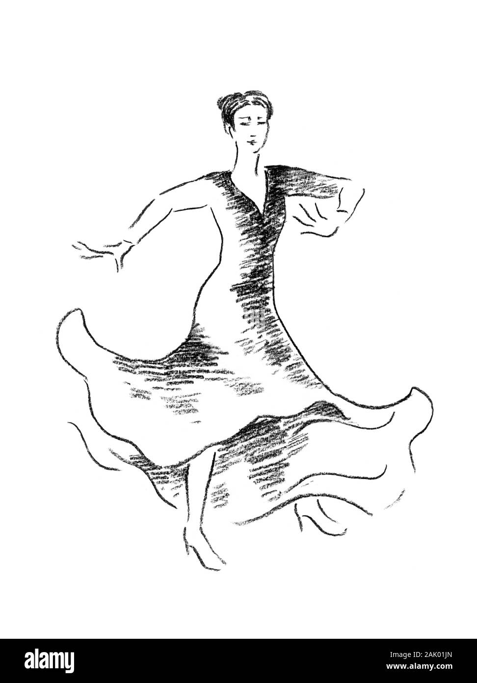 Danseuse de flamenco qui tourbillonnent hand drawn portrait au fusain. Série des danseurs. Grand comme l'art de mur, décoration, illustration de voyage. Banque D'Images