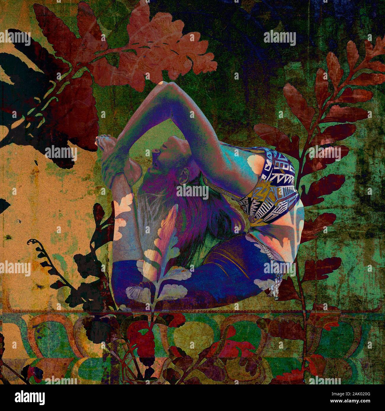 Femme dans l'illustration de la photo de fond profond avec des revêtements de plantes et de textures. Banque D'Images