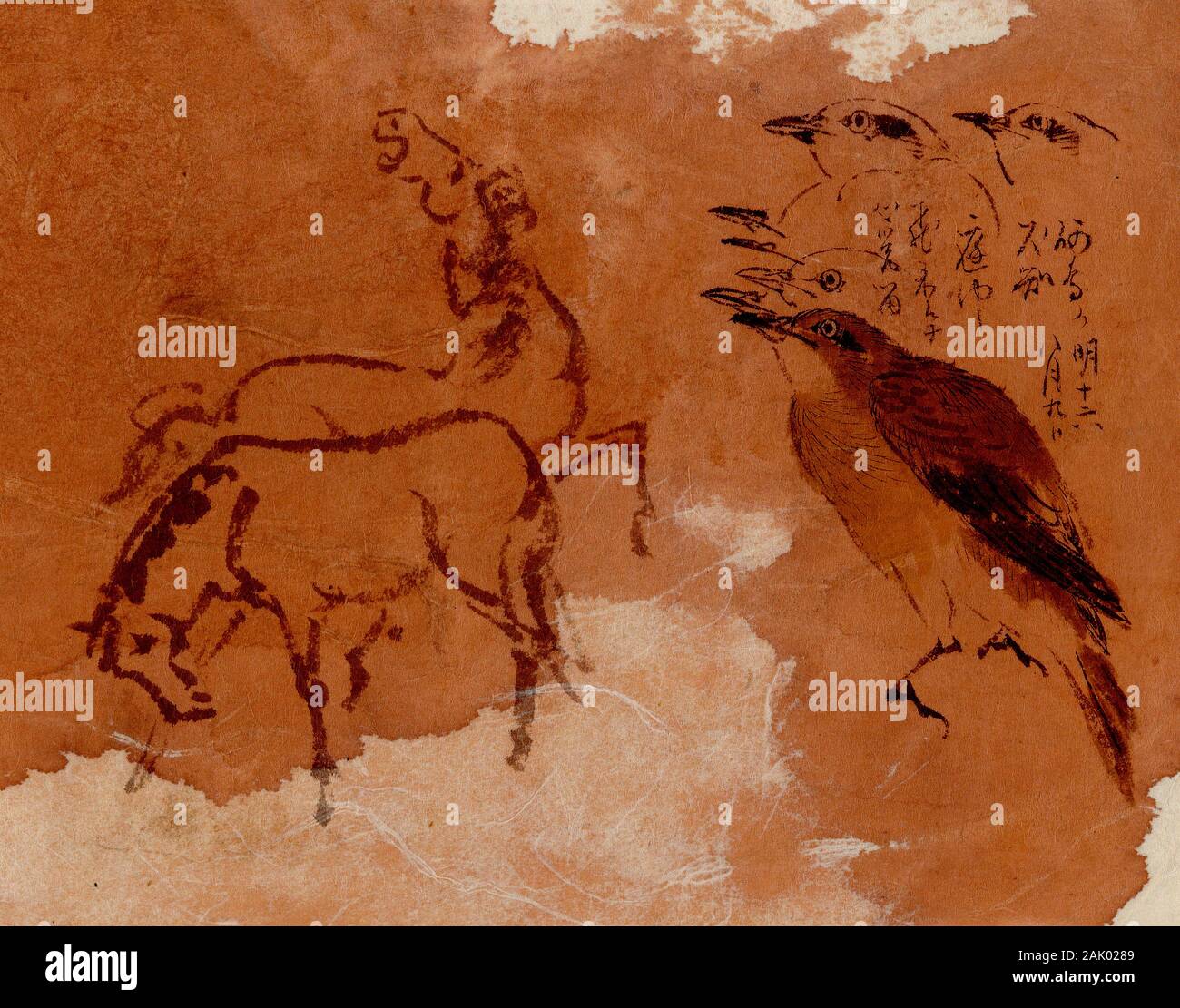 Peintures anciennes à l'encre chinoise remixées d'un cheval, d'oiseaux et de calligraphie. Banque D'Images