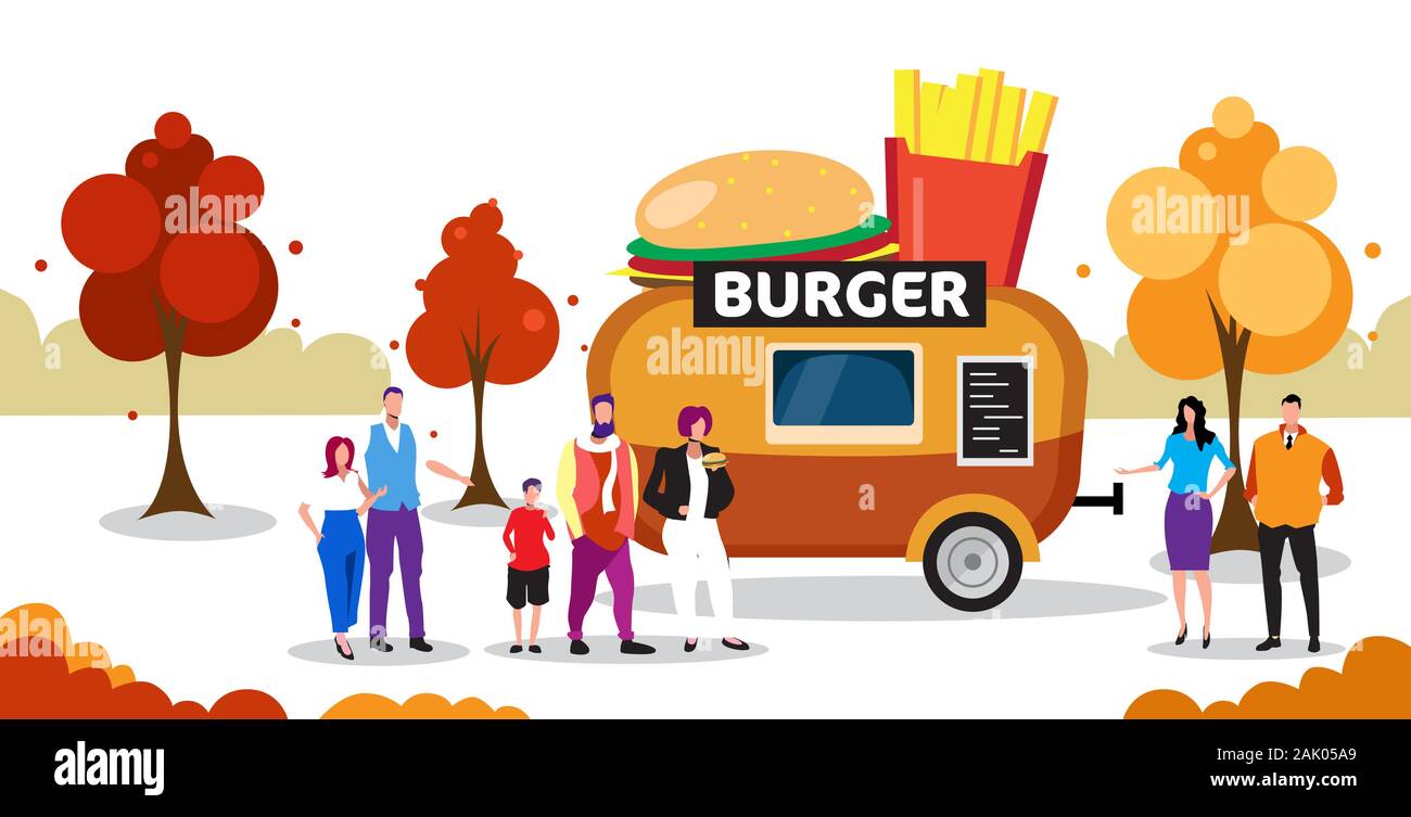 Les gens dans la file d'attente rue manger savoureux burger trailer food concept piscine juste toute la longueur horizontale vector illustration Illustration de Vecteur