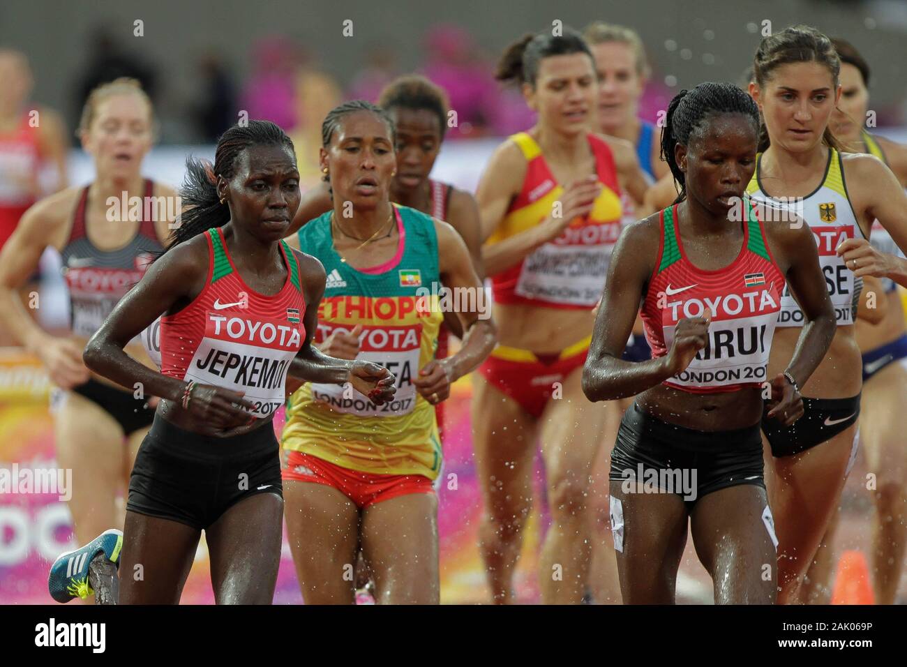 Sofia Assefa (pastille) ,Gesa Felicitas Krause (Allemagne) , Pureté Kirui (Kenya) et Hyvin Kiyeng Jepkemoi (Kenya) lors de la 1ère chauffe 3000 m Steeple Femmes de l'IAAF Championnats du monde d'athlétisme le 6 août 201e au stade olympique à Londres, Grande-Bretagne Photo Laurent Lairys / DPPI Banque D'Images