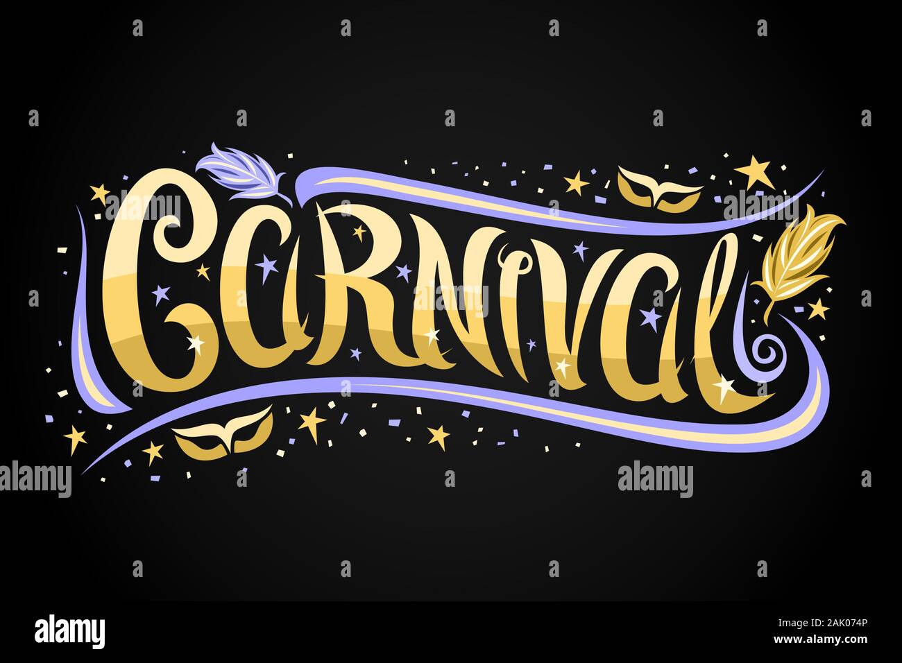Logo Vector pour Carnaval de Venise, carte noire avec curly, police calligraphique fleurit bleu, jaune étoile et élégant de carnaval, la bannière avec brosse Illustration de Vecteur