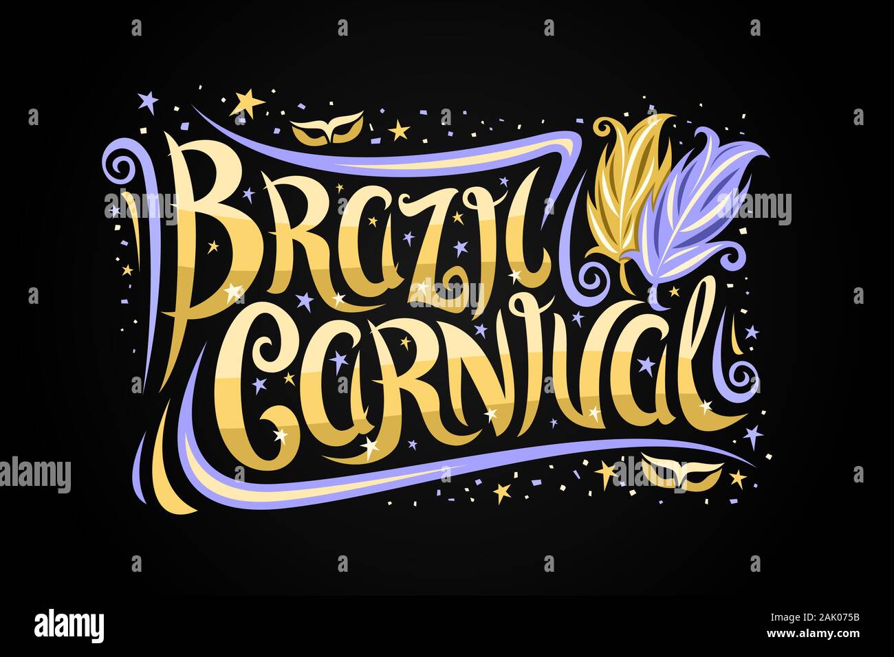Carte de souhaits pour vecteur Brésil Carnaval, ticket décoratif avec police calligraphique, masque de carnaval, plumes bleu et jaune, la bannière avec brosse curly t Illustration de Vecteur