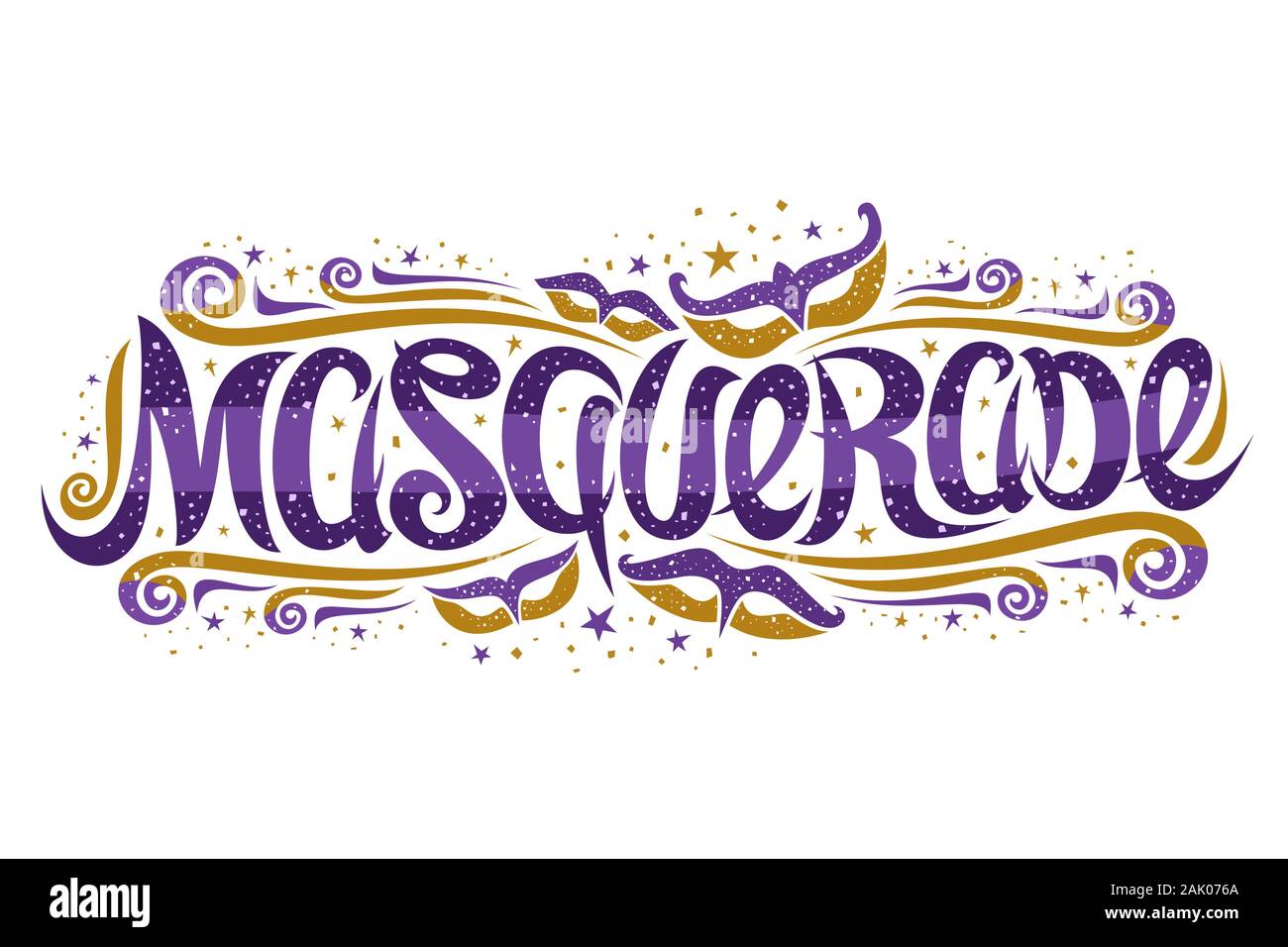 Logo Vector pour mascarade, bannière horizontale de police calligraphique, la conception s'épanouit et amusant de carnaval, avec des panneaux décoratifs sw brosse Illustration de Vecteur