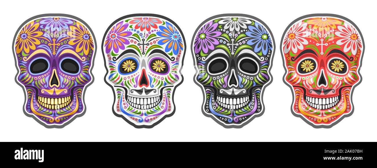 Vector set de crânes de sucre mexicain pour le Jour des Morts, collection de découper 4 crânes humains colorés avec ornement floral ethnique pour Dia de los Muert Illustration de Vecteur
