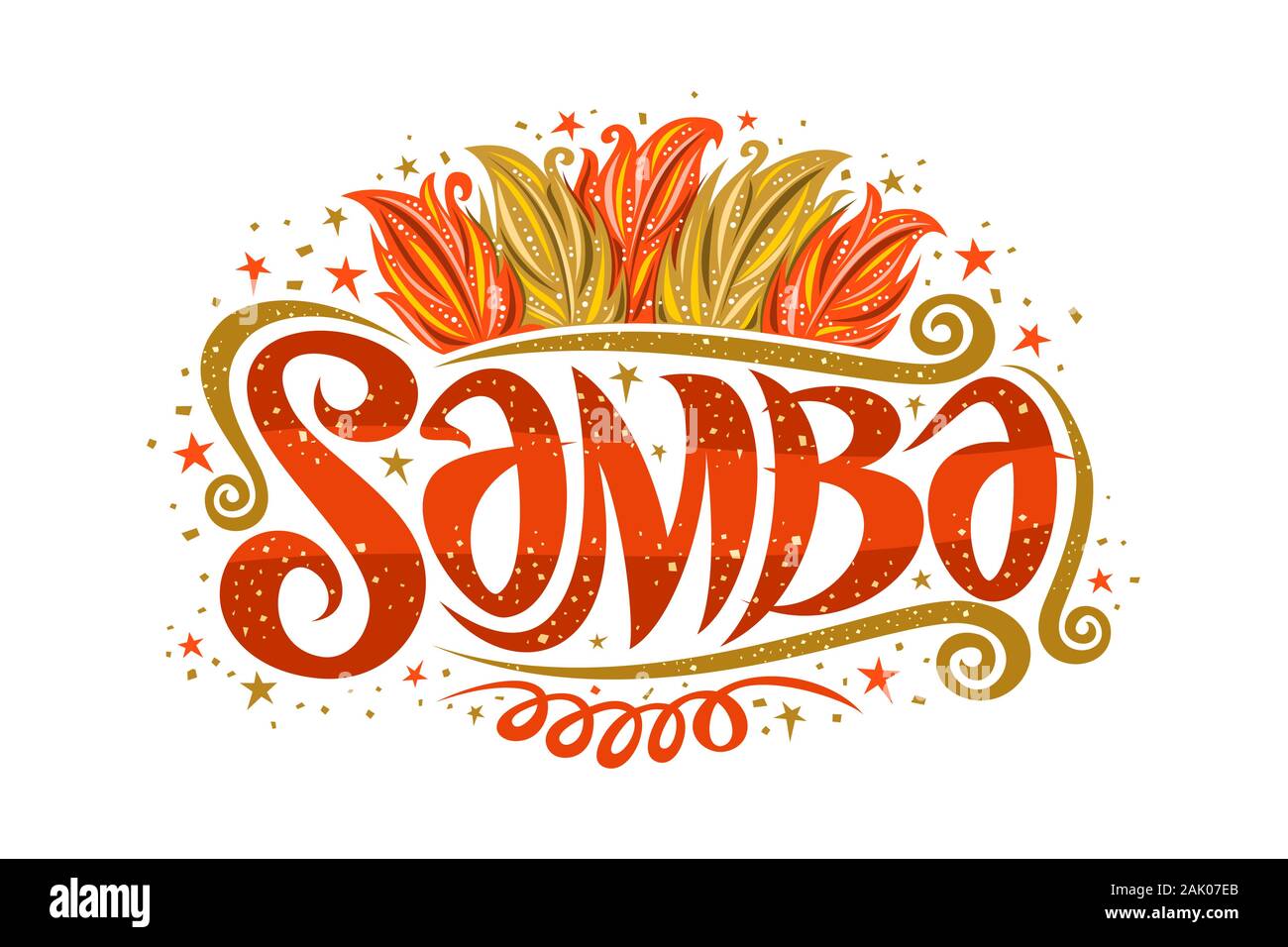 Logo Vector pour Samba brésilienne, decorative sign board pour l'école de samba avec illustration de l'orange et le jaune les plumes des oiseaux, des étoiles et des vagues, de l'origine Illustration de Vecteur