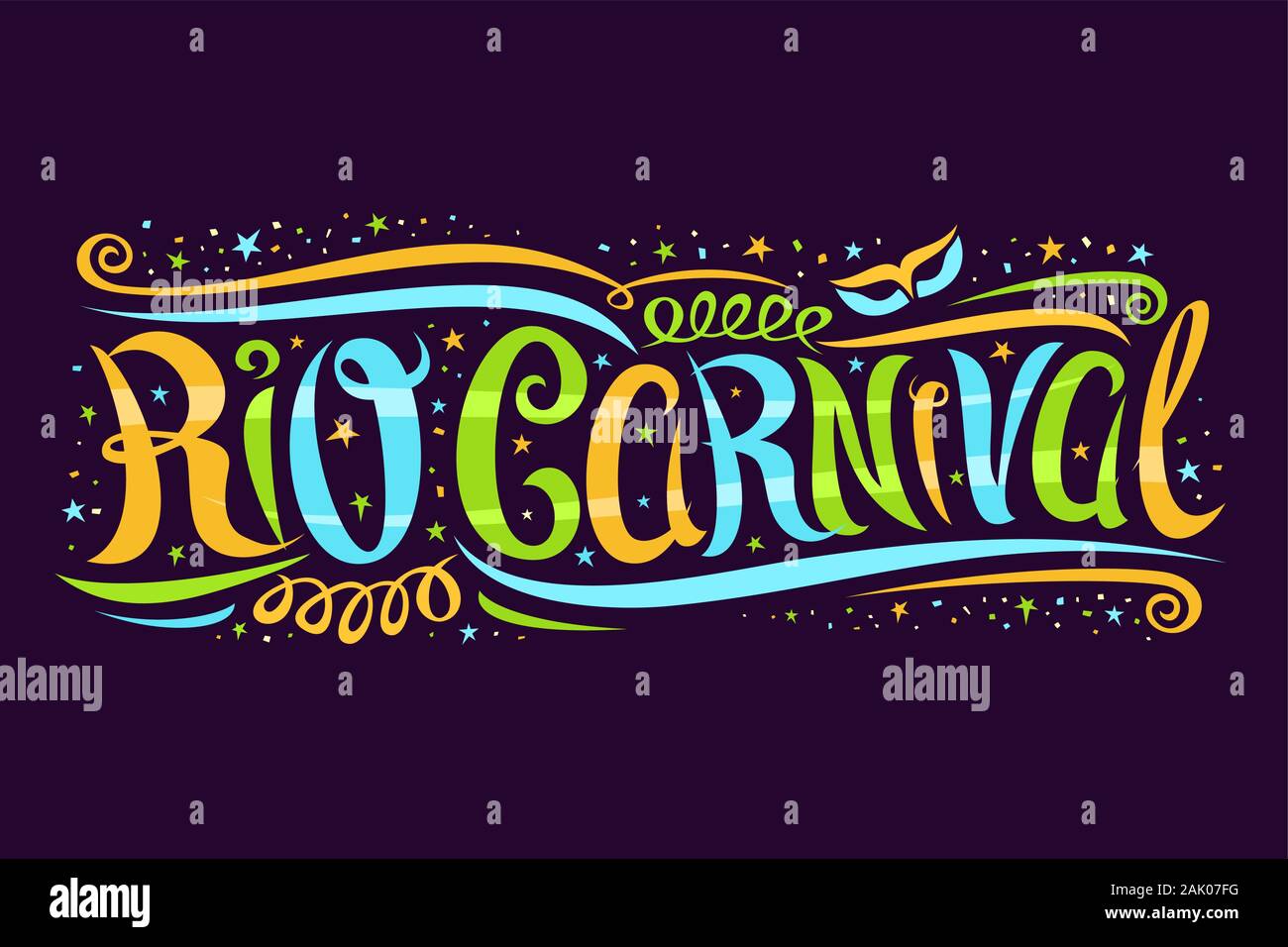 Carte de souhaits pour vecteur Carnaval de Rio, avec ticket décoratifs calligraphie bouclés font, conception tourbillons et masque de carnaval, la bannière avec swirly type pour co Illustration de Vecteur