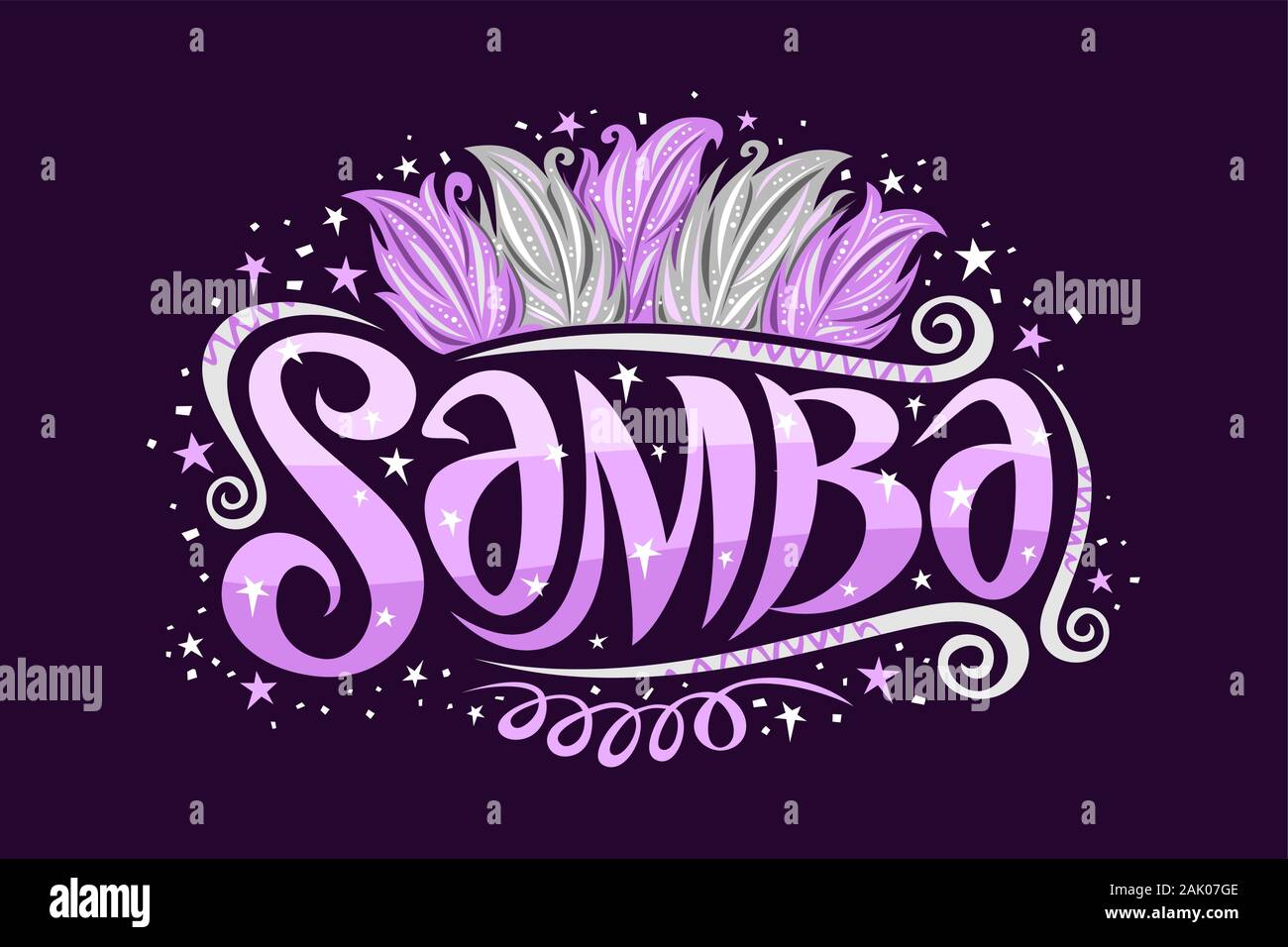Logo Vector pour Samba brésilienne, decorative sign board pour l'école de samba avec illustration de violet et argent les plumes des oiseaux, les boucles et les étoiles, trio Illustration de Vecteur
