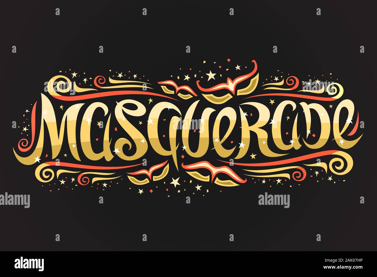 Logo Vector pour mascarade, bannière horizontale de police calligraphique, la conception s'épanouit et amusant de carnaval, avec des panneaux décoratifs sw brosse Illustration de Vecteur